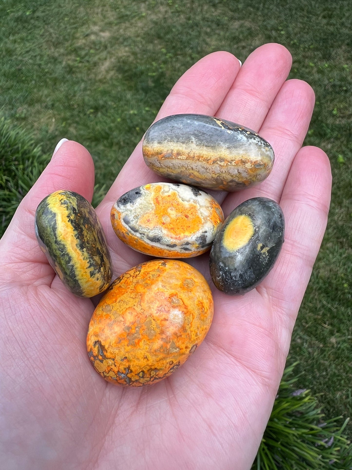 Premium Bumblebee Jasper tumbles, palm stone, beautiful carving, new, altar, gifts, meditation