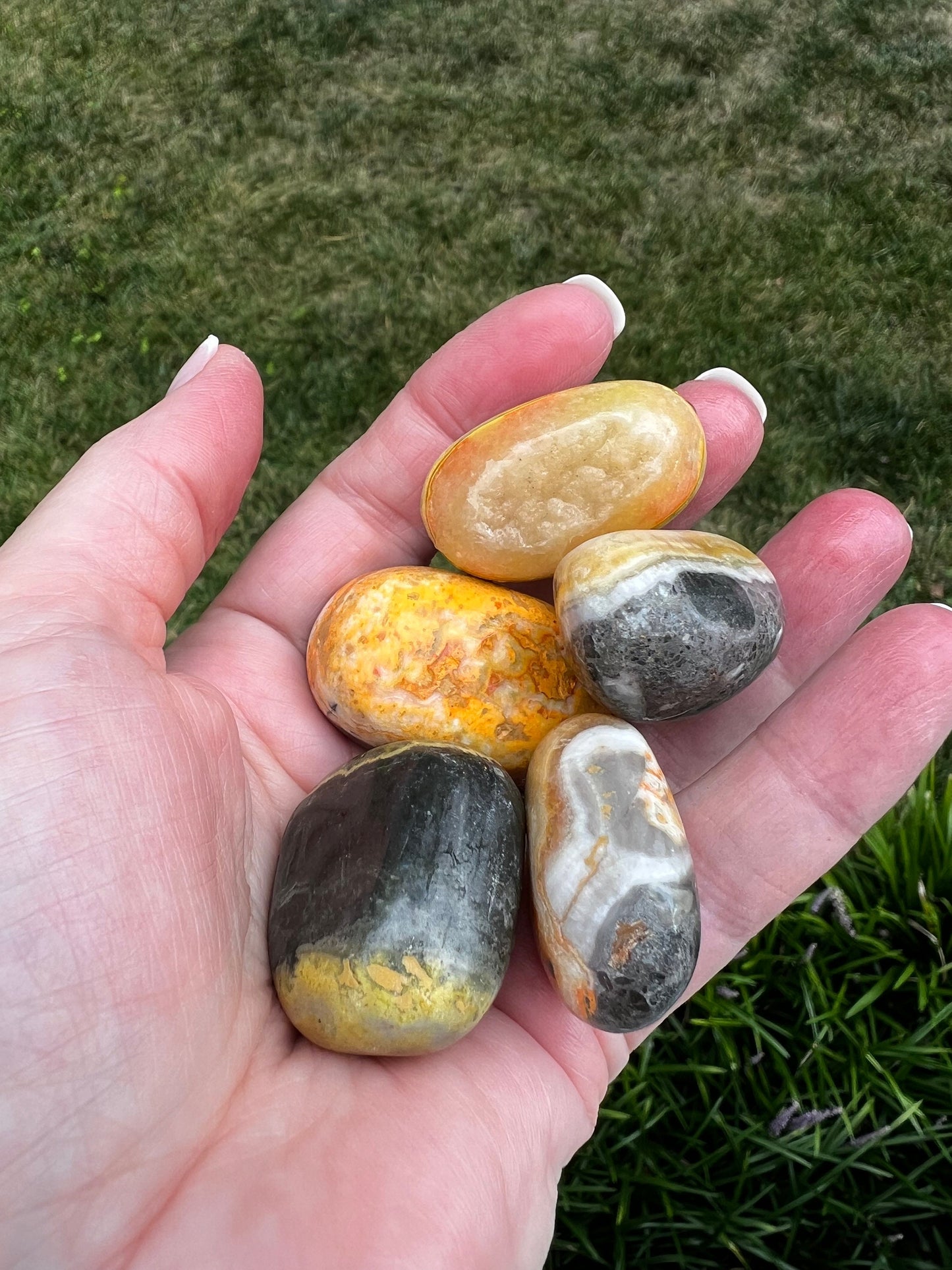 Premium Bumblebee Jasper tumbles, palm stone, beautiful carving, new, altar, gifts, meditation