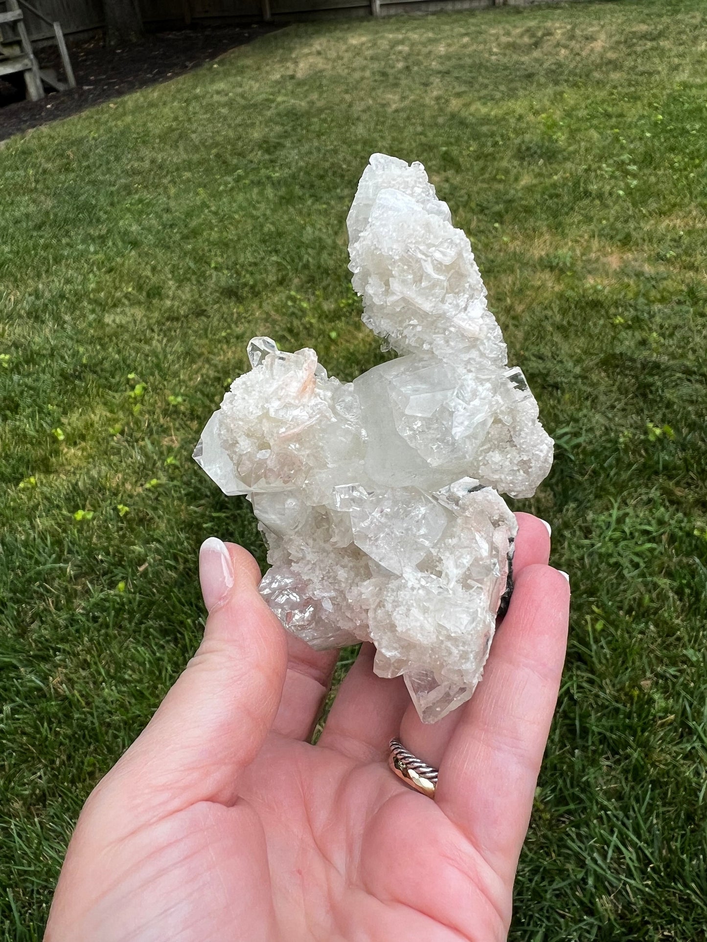 Large Apophyllite Fairy Bed with points like diamonds, new, peach stilbite, high vibration crystals, gifts, altar, 4x2.5”