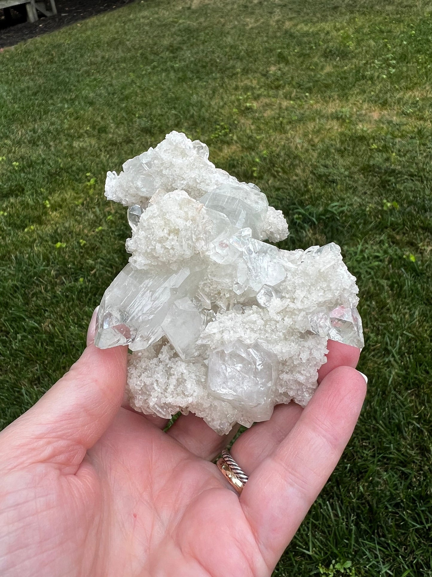 Large Apophyllite Fairy Bed with points like diamonds, new, peach stilbite, high vibration crystals, gifts, altar, 4x2.5”