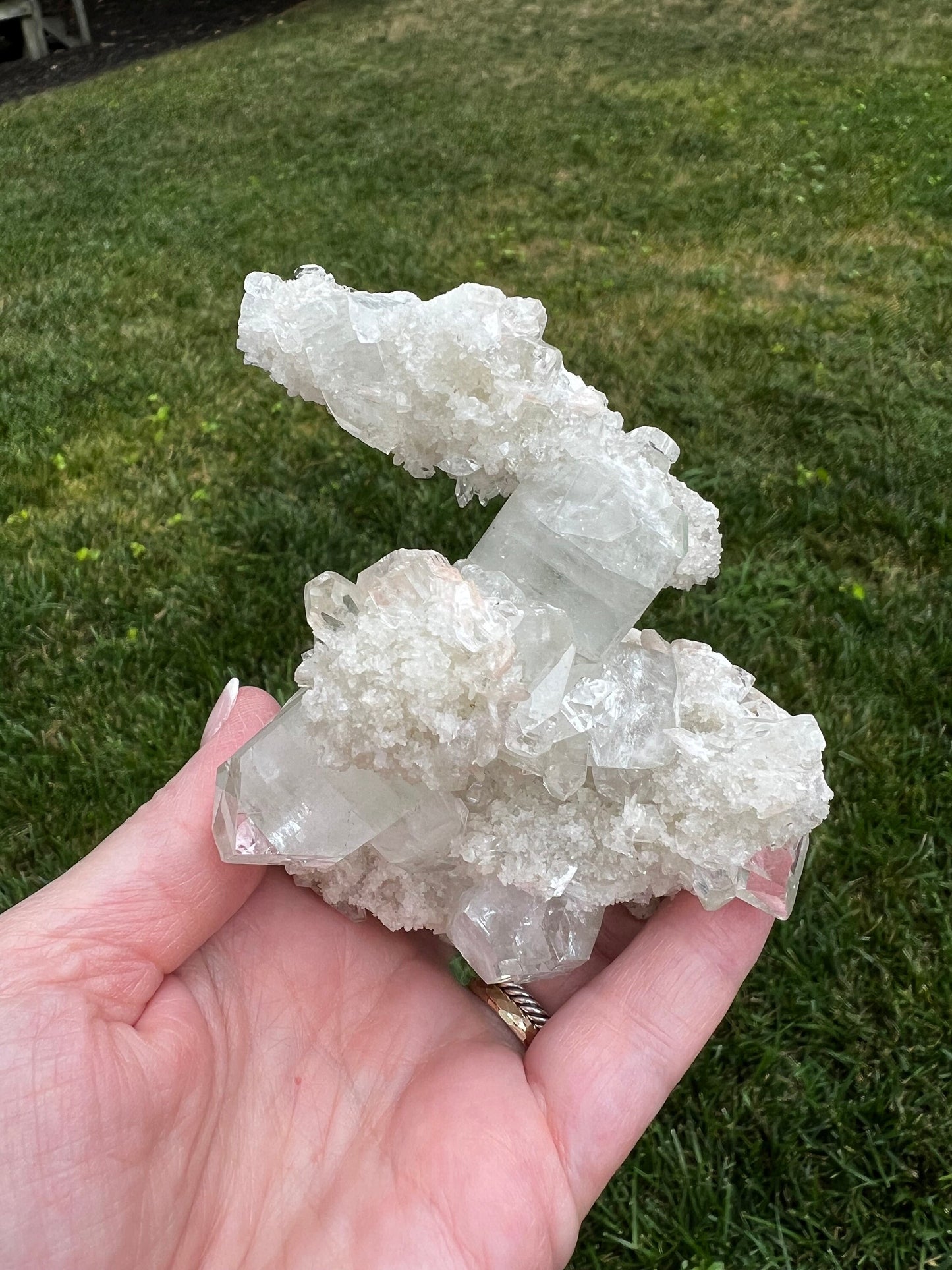 Large Apophyllite Fairy Bed with points like diamonds, new, peach stilbite, high vibration crystals, gifts, altar, 4x2.5”