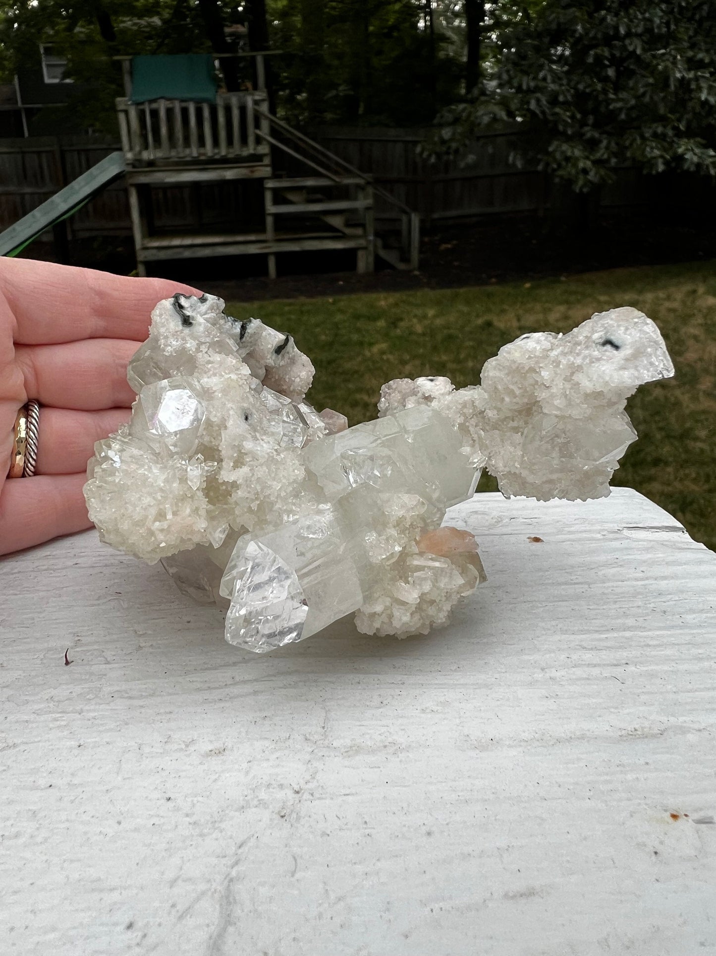 Large Apophyllite Fairy Bed with points like diamonds, new, peach stilbite, high vibration crystals, gifts, altar, 4x2.5”