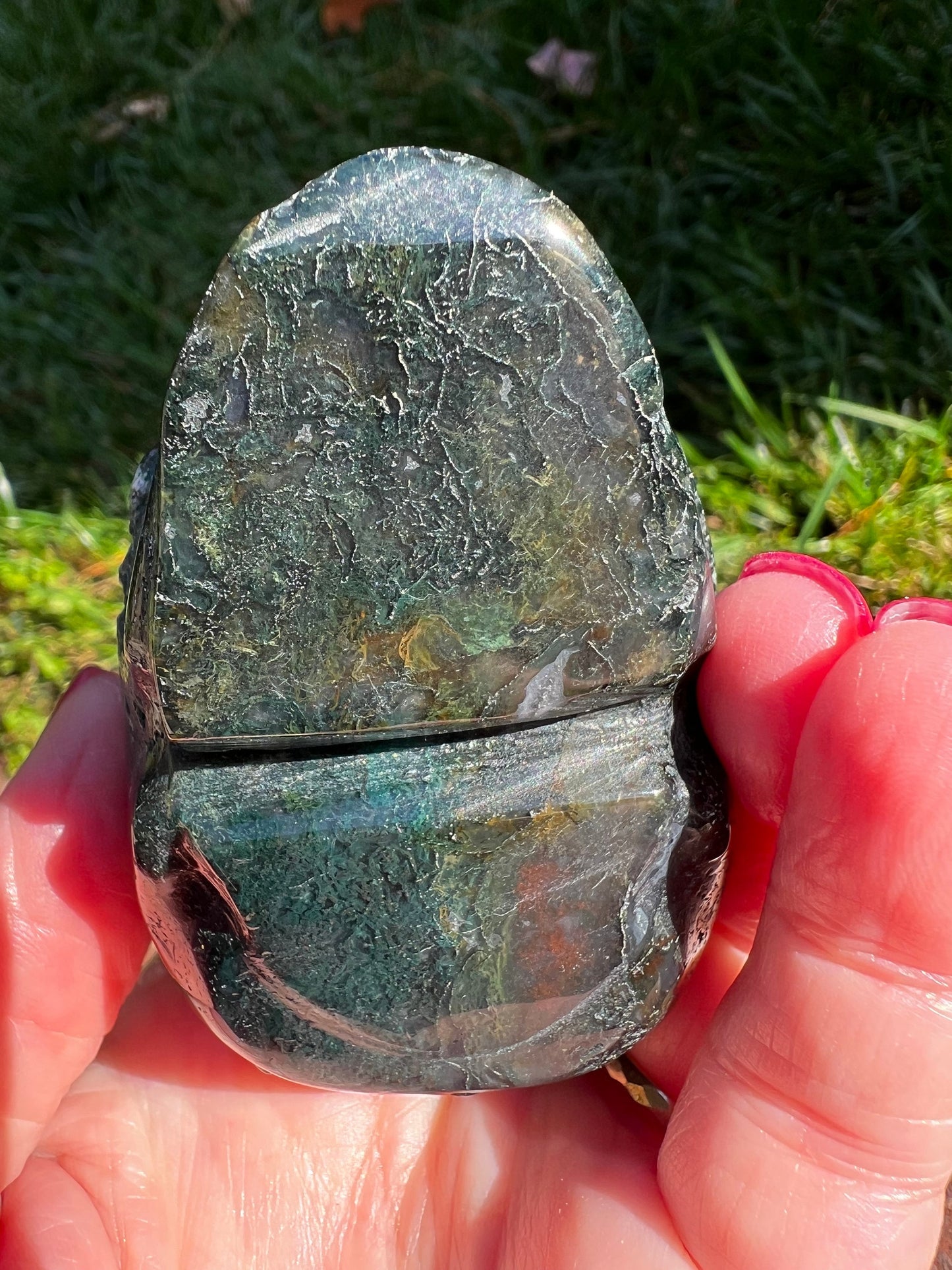 Moss Agate Skull Head, Stunning Carving, 3”, gift, altar, crystal healing, high frequency crystals