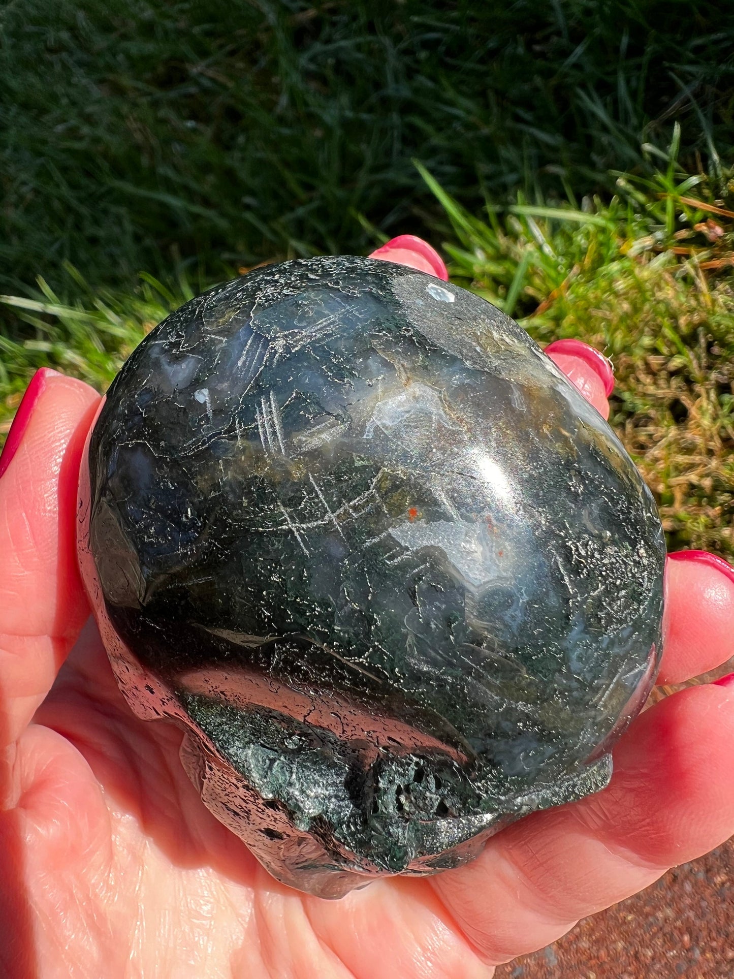 Moss Agate Skull Head, Stunning Carving, 3”, gift, altar, crystal healing, high frequency crystals