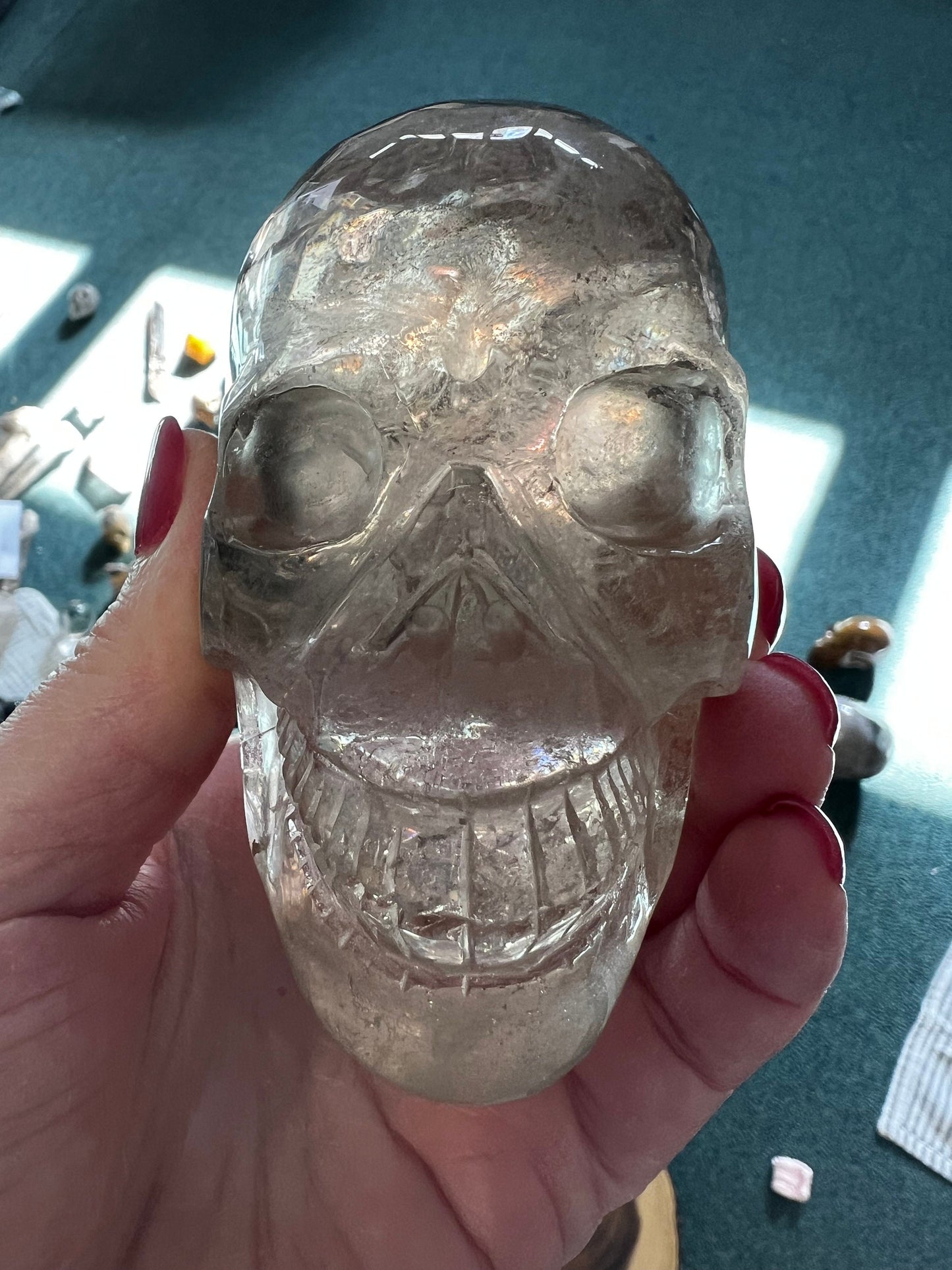 Smoky Quartz Skull with Gold Rutile Hair, stunning carving, high vibration crystals, altar, 3.75”, 1.0.7 pounds