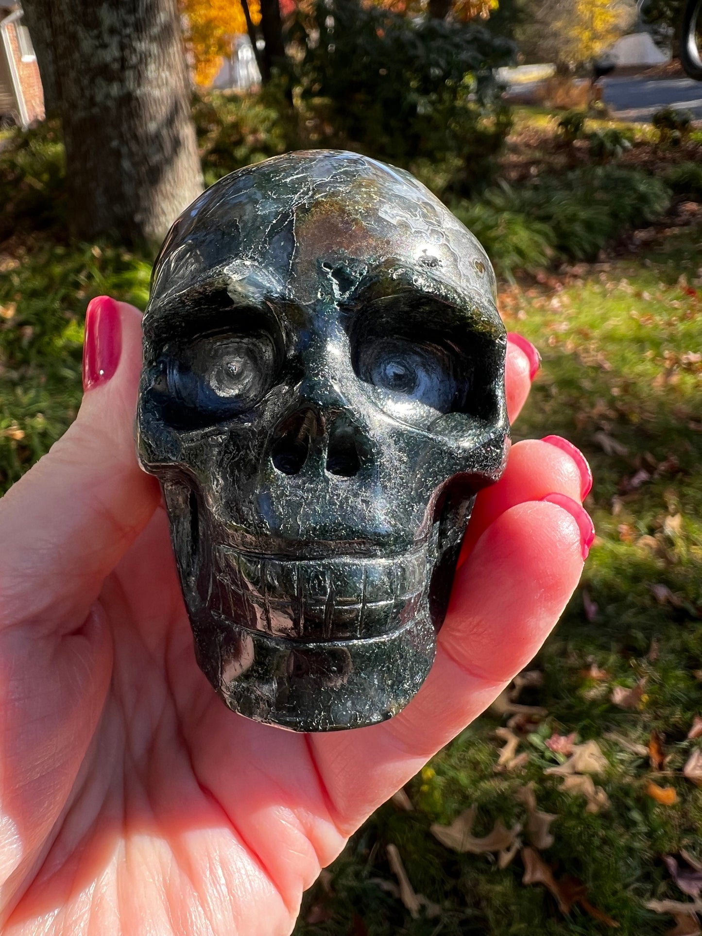 Moss Agate Skull Head, Stunning Carving, 3”, gift, altar, crystal healing, high frequency crystals