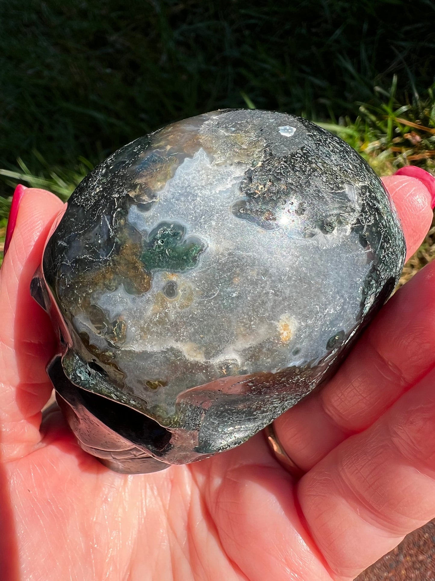 Moss Agate Skull Head, Stunning Carving, 3”, gift, altar, crystal healing, high frequency crystals