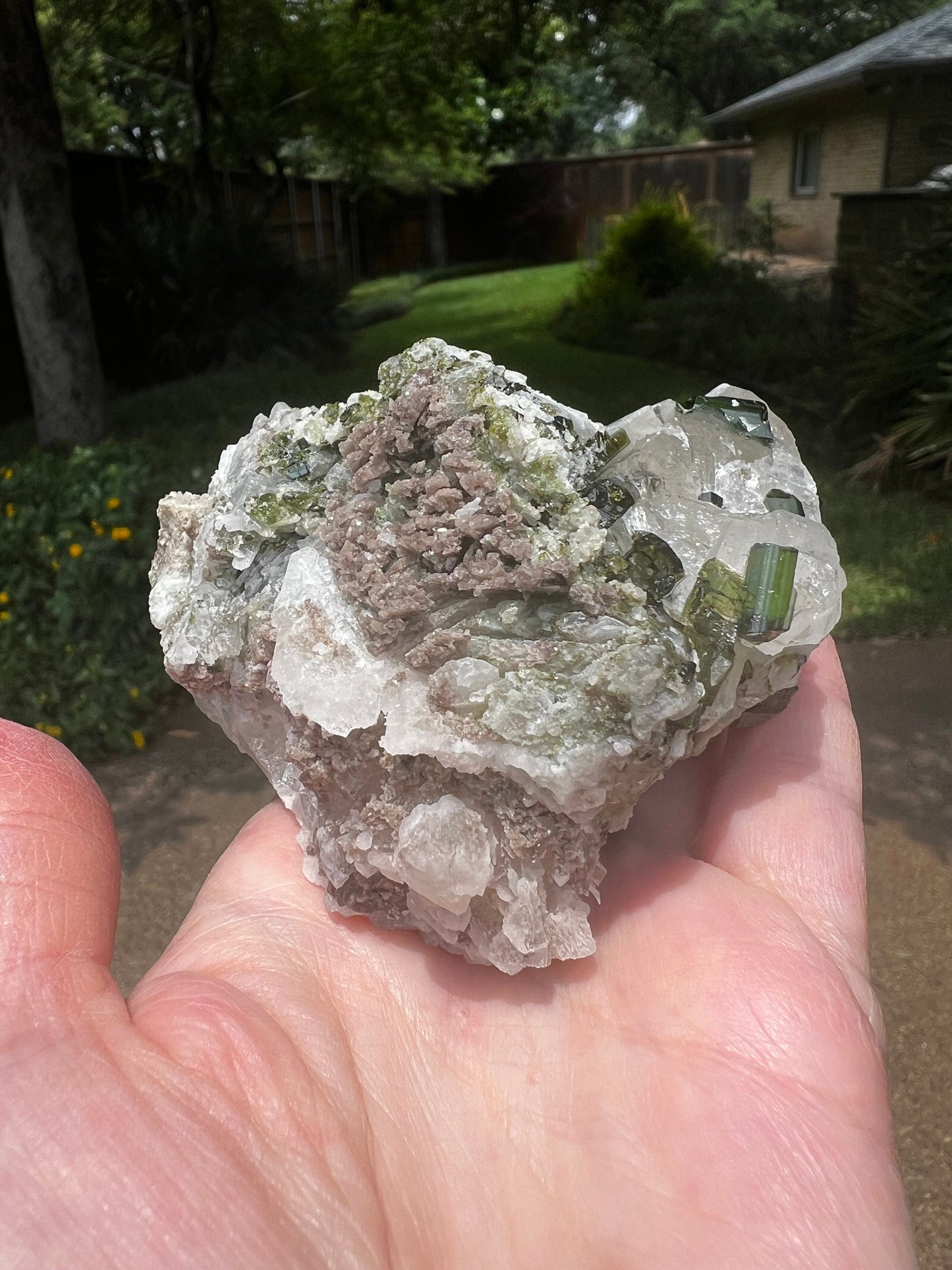 Large Green Tourmaline in Quartz with Lepidolite sugar bed, stunning raw altar piece 10 oz sparkly fairy bed, high vibration crystals, 3.5”