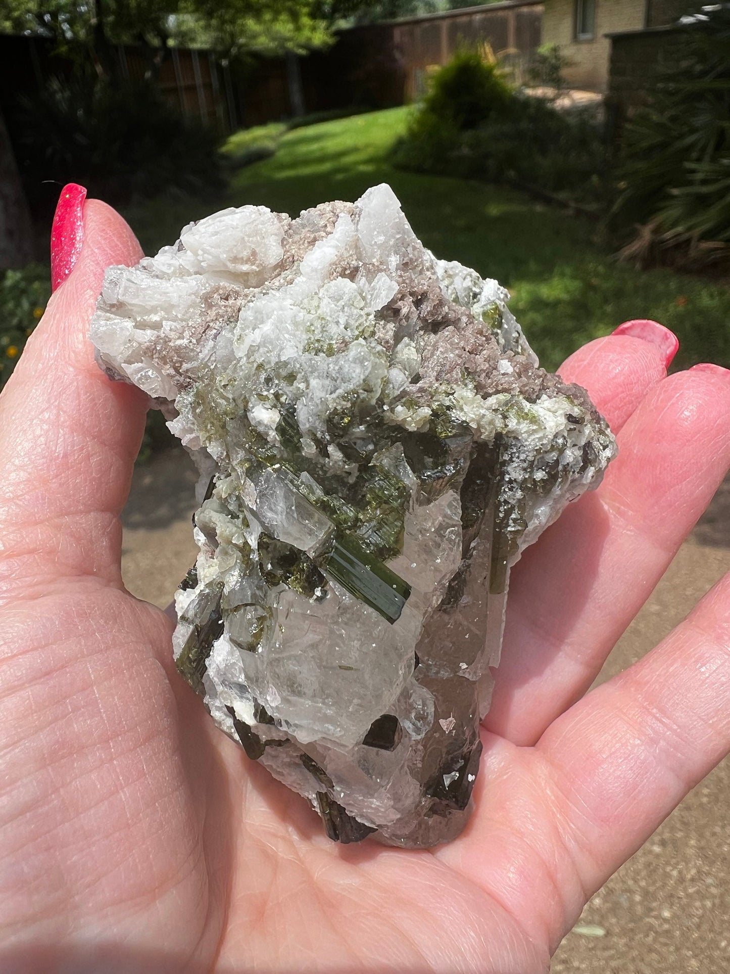 Large Green Tourmaline in Quartz with Lepidolite sugar bed, stunning raw altar piece 10 oz sparkly fairy bed, high vibration crystals, 3.5”