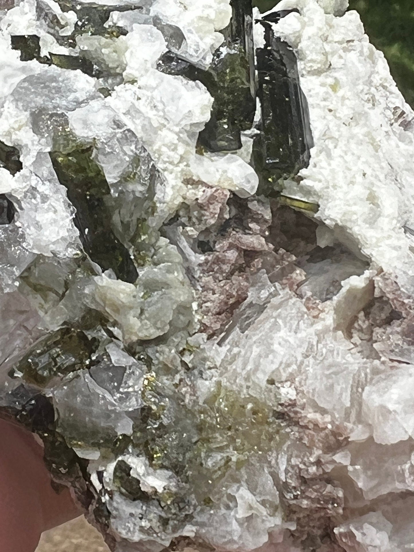 Large Green Tourmaline in Quartz with Lepidolite sugar bed, stunning raw altar piece 10 oz sparkly fairy bed, high vibration crystals, 3.5”
