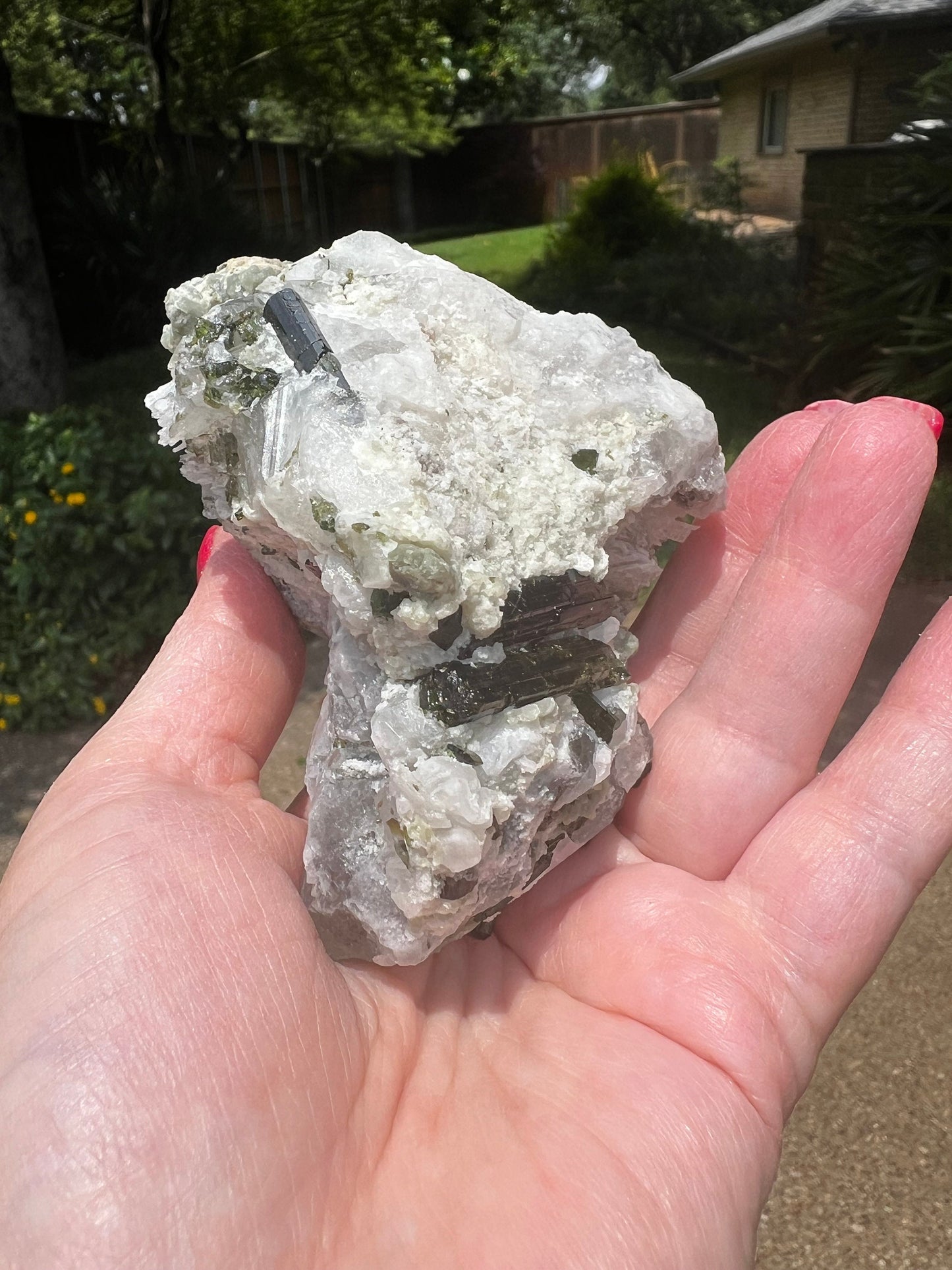 Large Green Tourmaline in Quartz with Lepidolite sugar bed, stunning raw altar piece 10 oz sparkly fairy bed, high vibration crystals, 3.5”