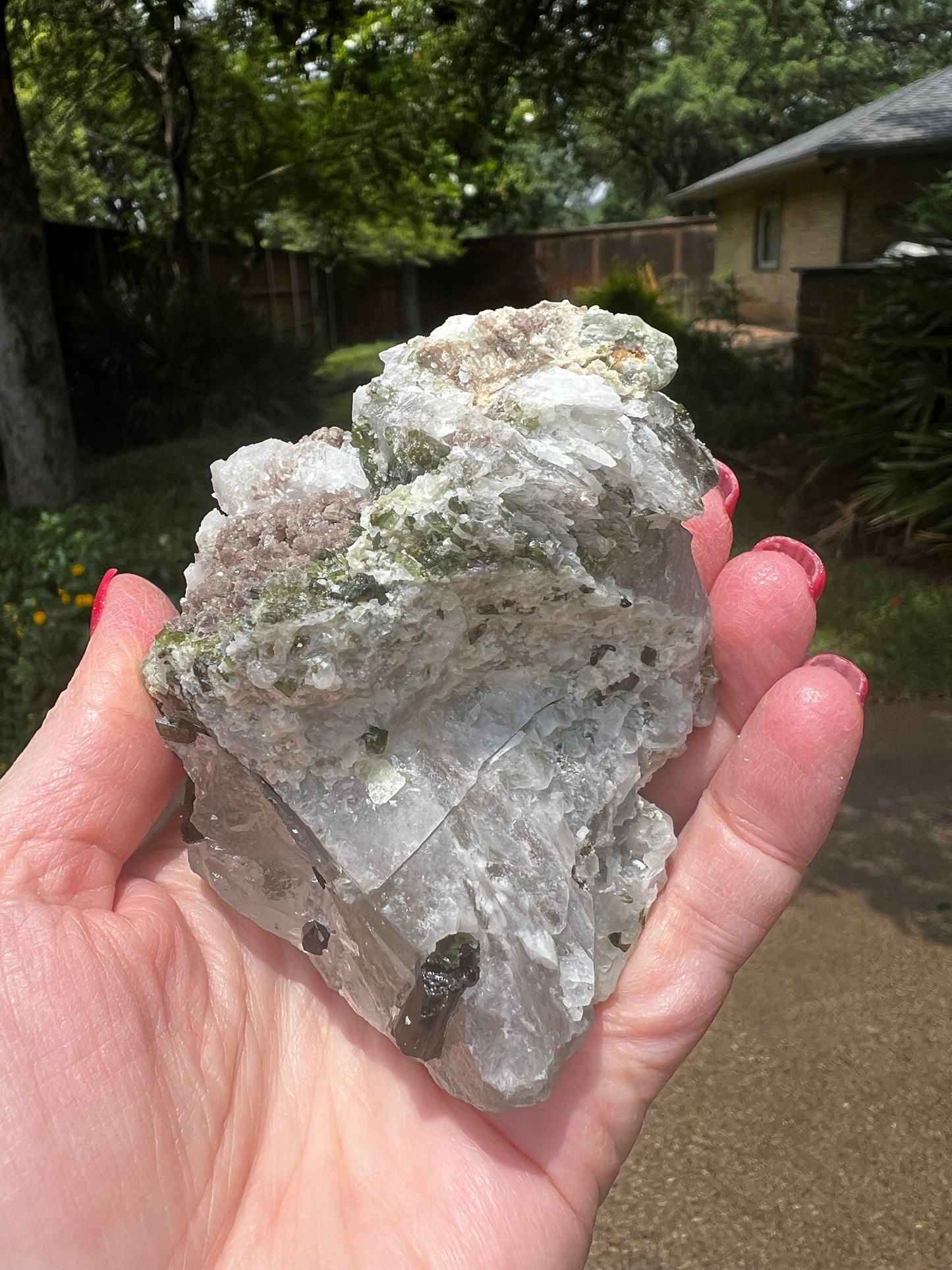 Large Green Tourmaline in Quartz with Lepidolite sugar bed, stunning raw altar piece 10 oz sparkly fairy bed, high vibration crystals, 3.5”
