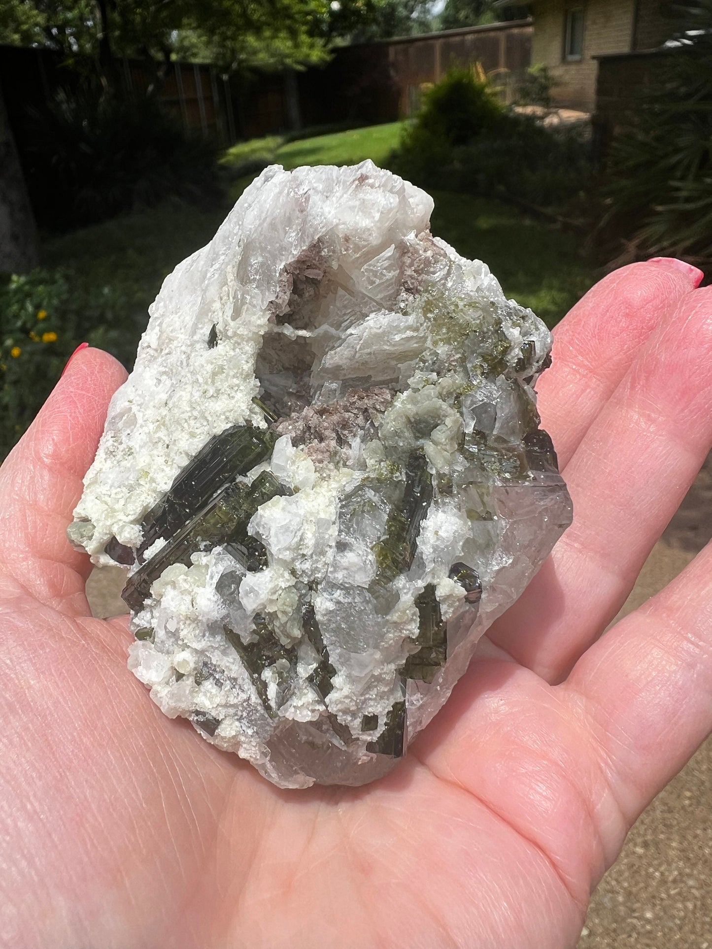Large Green Tourmaline in Quartz with Lepidolite sugar bed, stunning raw altar piece 10 oz sparkly fairy bed, high vibration crystals, 3.5”