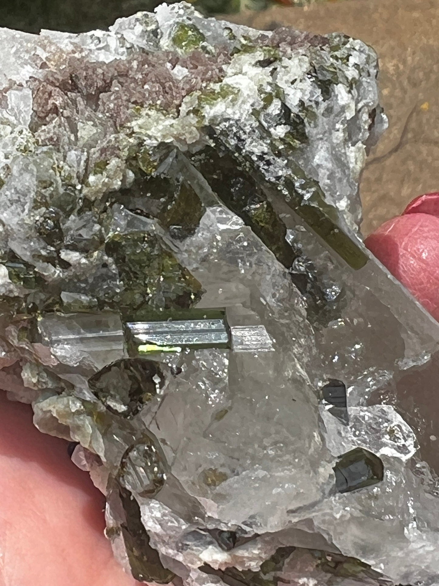 Large Green Tourmaline in Quartz with Lepidolite sugar bed, stunning raw altar piece 10 oz sparkly fairy bed, high vibration crystals, 3.5”