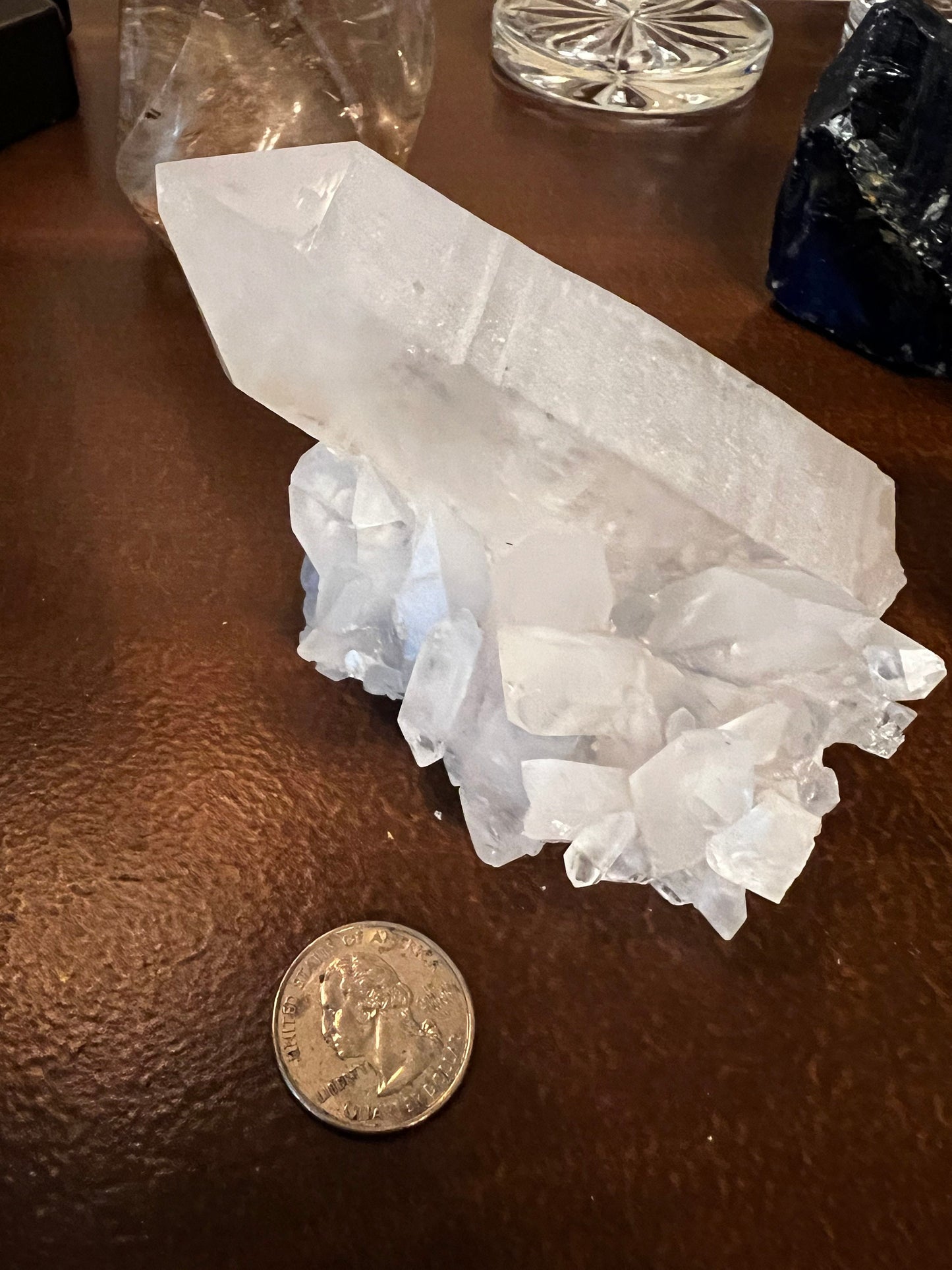 Large Dumortierite in Quartz wand cluster bed, gorgeous and so rare, Brazil, high vibration crystal healing, 5”