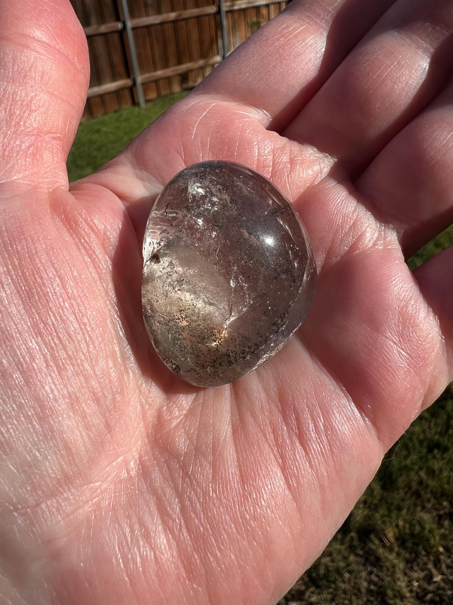 Shamanic Dream Quartz Lens, Lodolite, new, palm stone, high vibration crystal healing, gifts, 1.25”