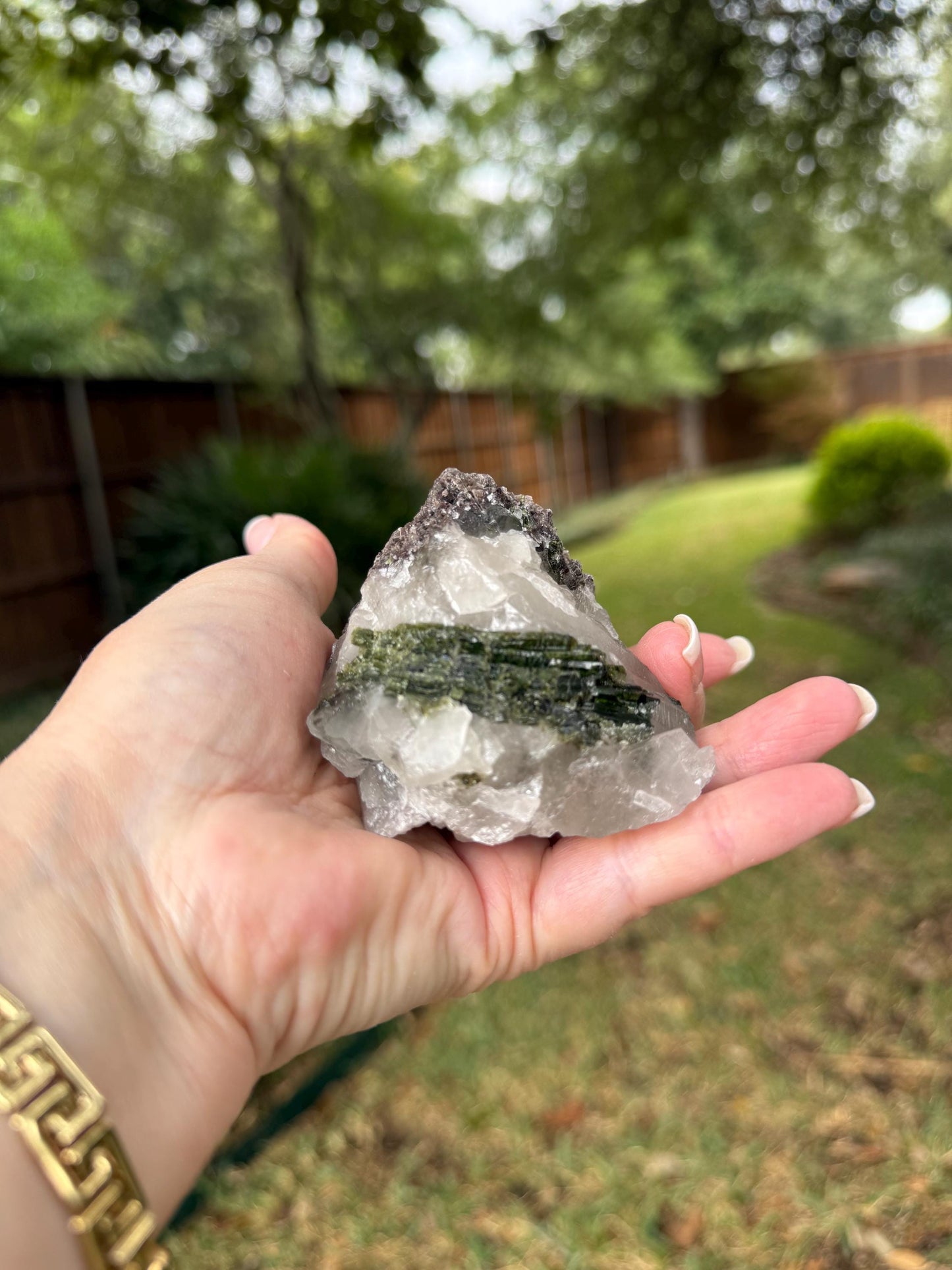 Large Green Tourmaline lepidolite sparkly fairy bed, high vibration crystals, 3”