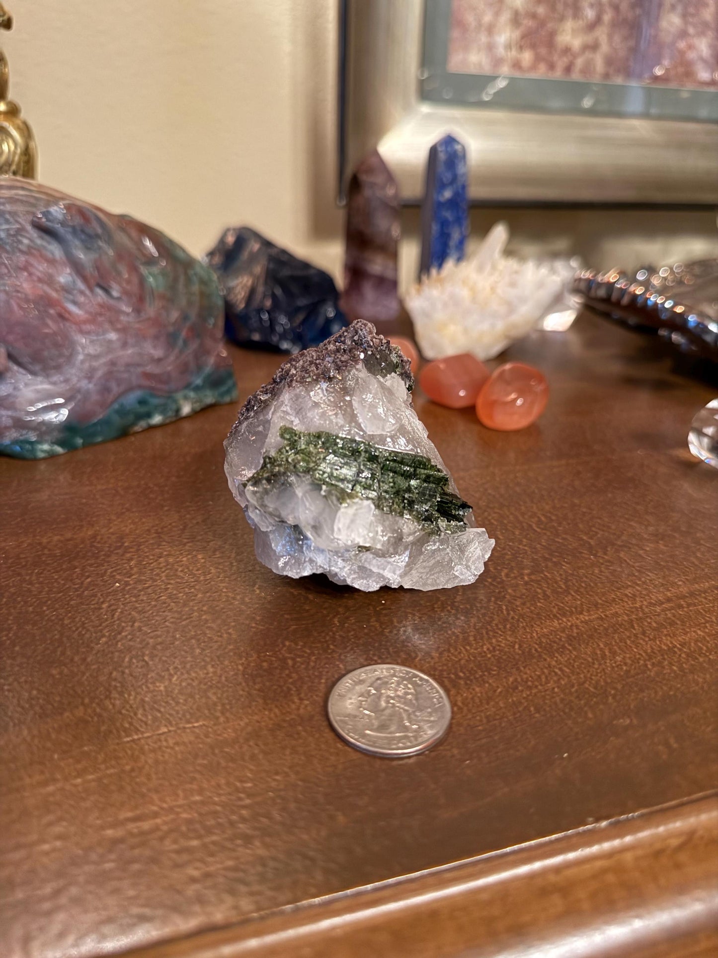 Large Green Tourmaline lepidolite sparkly fairy bed, high vibration crystals, 3”