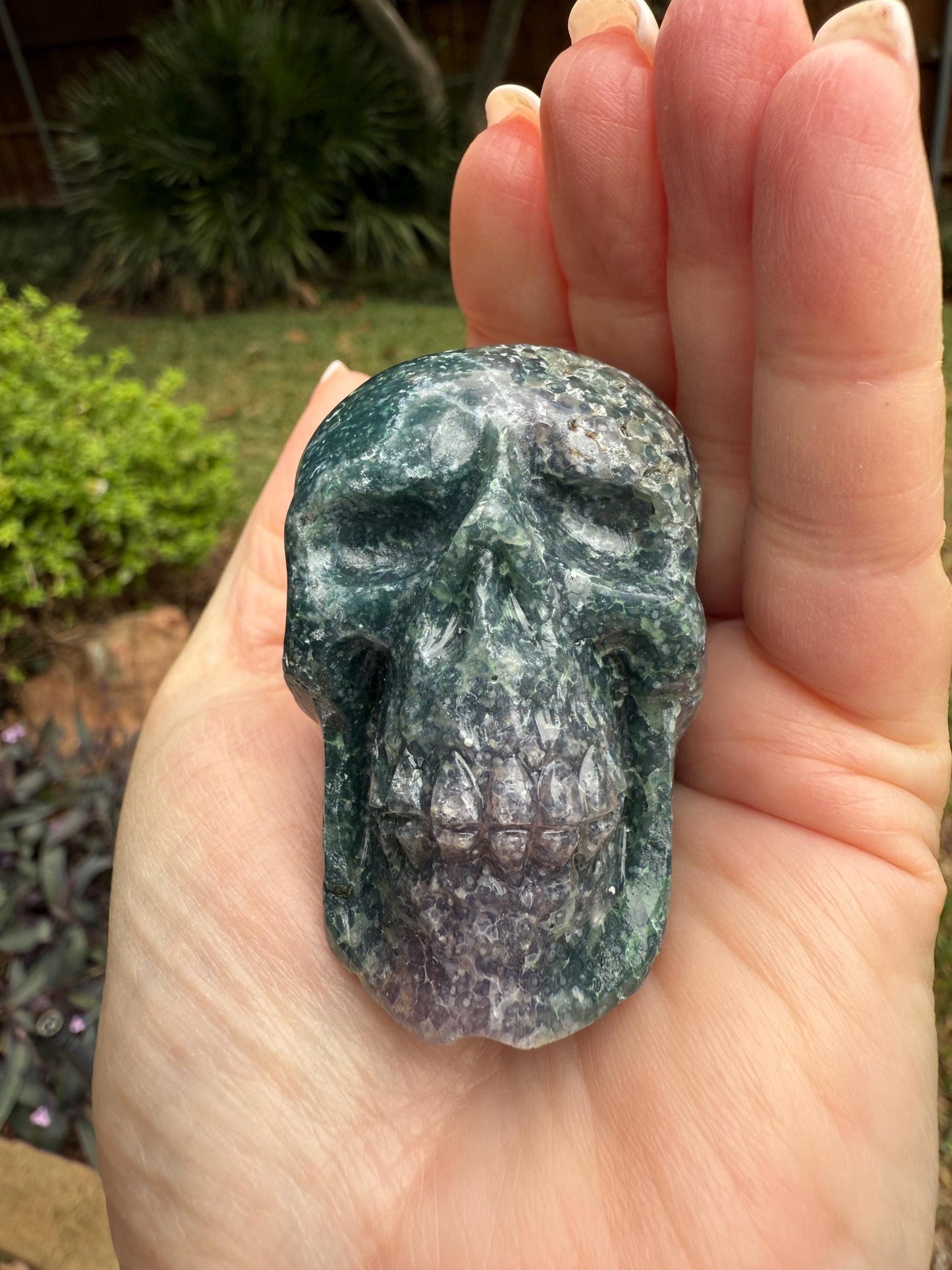 Grape Agate skull, 2”, 4.6 ounces, new, gift, altar, crystals, high vibration crystals, statement piece, rare