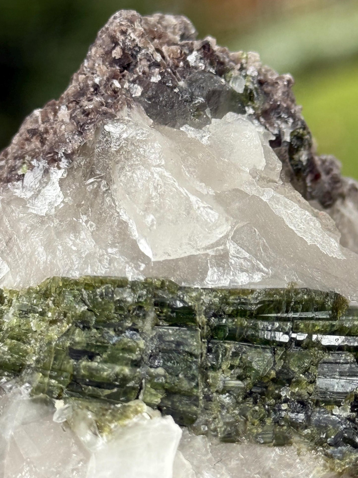 Large Green Tourmaline lepidolite sparkly fairy bed, high vibration crystals, 3”