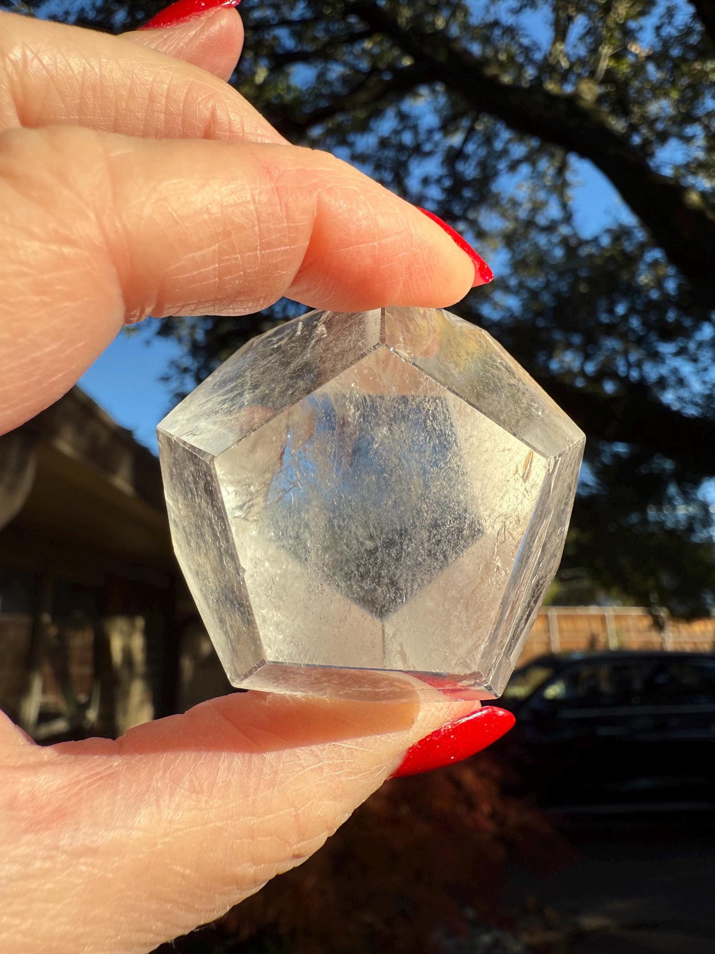 Lemurian Hexagon Dodecahedron, new, Polished cut carving, palm stone, rainbows, fine Lemurian healing magick crystal