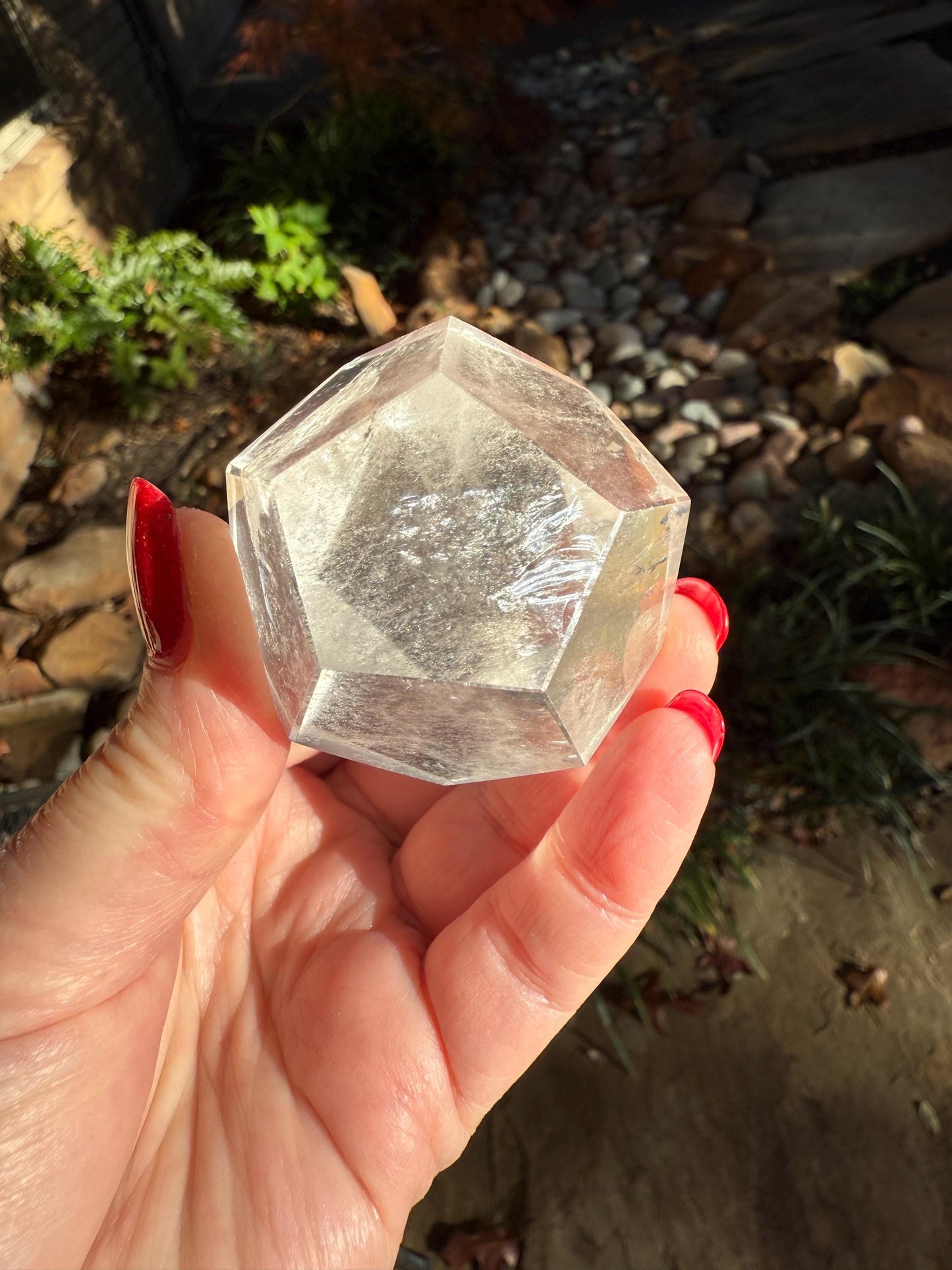 Lemurian Hexagon Dodecahedron, new, Polished cut carving, palm stone, rainbows, fine Lemurian healing magick crystal