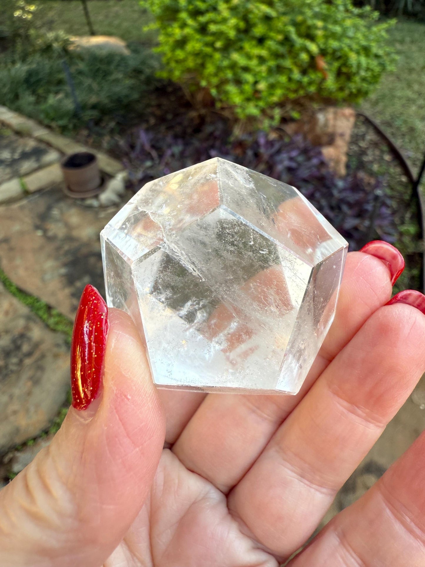 Lemurian Hexagon Dodecahedron, new, Polished cut carving, palm stone, rainbows, fine Lemurian healing magick crystal