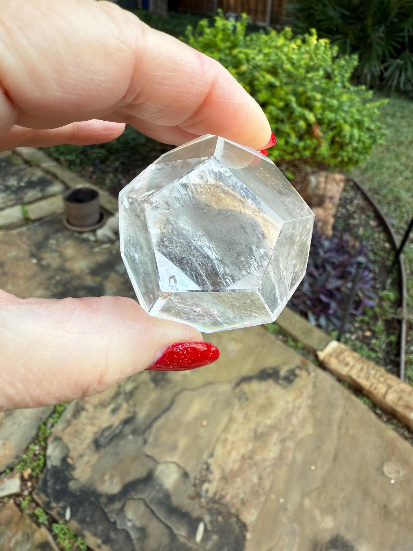 Lemurian Hexagon Dodecahedron, new, Polished cut carving, palm stone, rainbows, fine Lemurian healing magick crystal