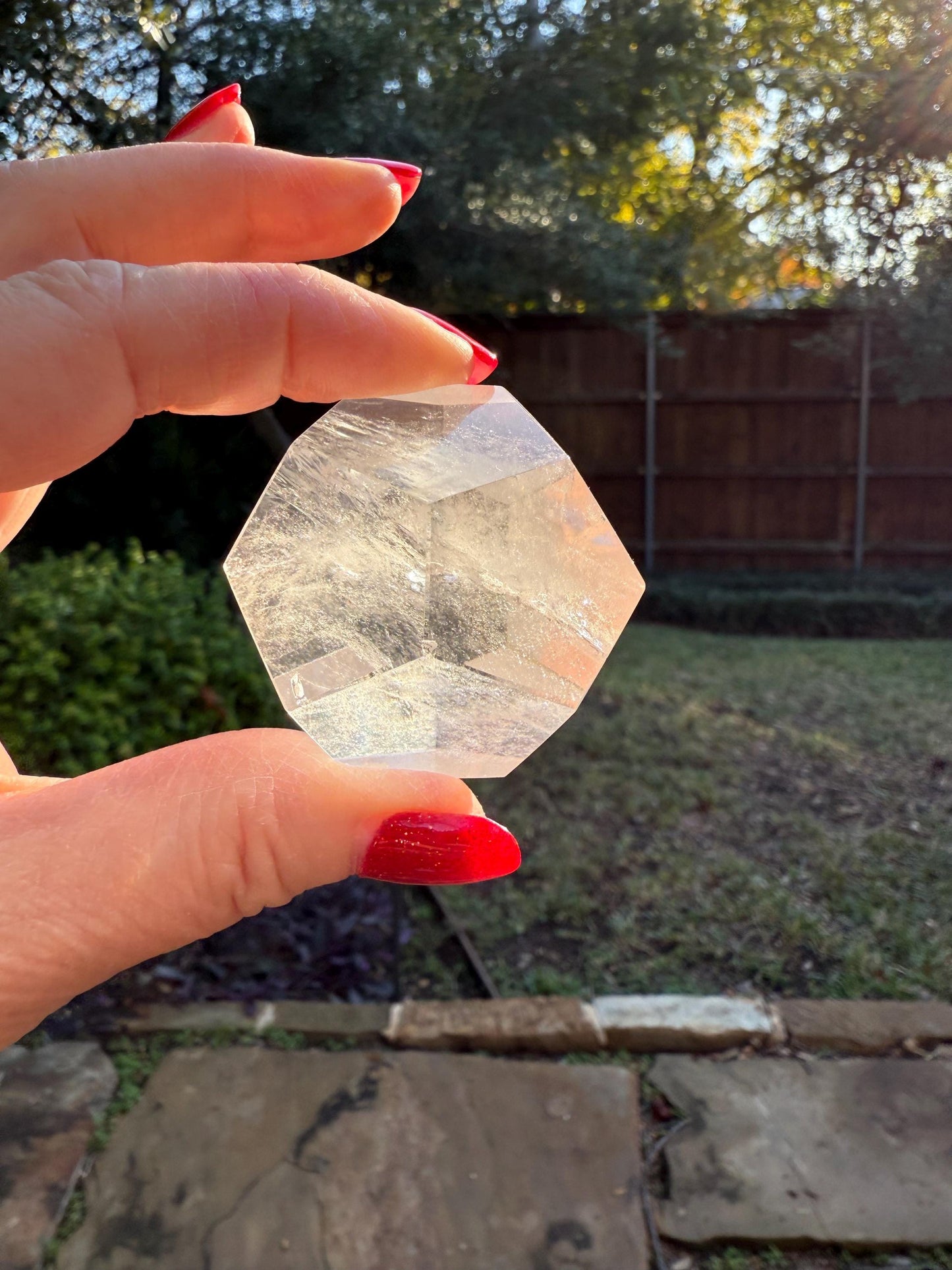 Lemurian Hexagon Dodecahedron, new, Polished cut carving, palm stone, rainbows, fine Lemurian healing magick crystal
