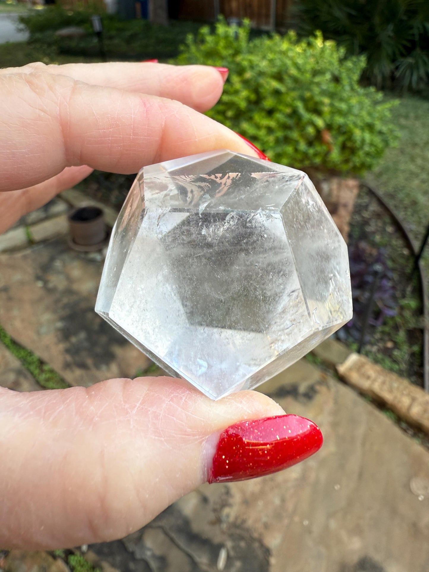 Lemurian Hexagon Dodecahedron, new, Polished cut carving, palm stone, rainbows, fine Lemurian healing magick crystal