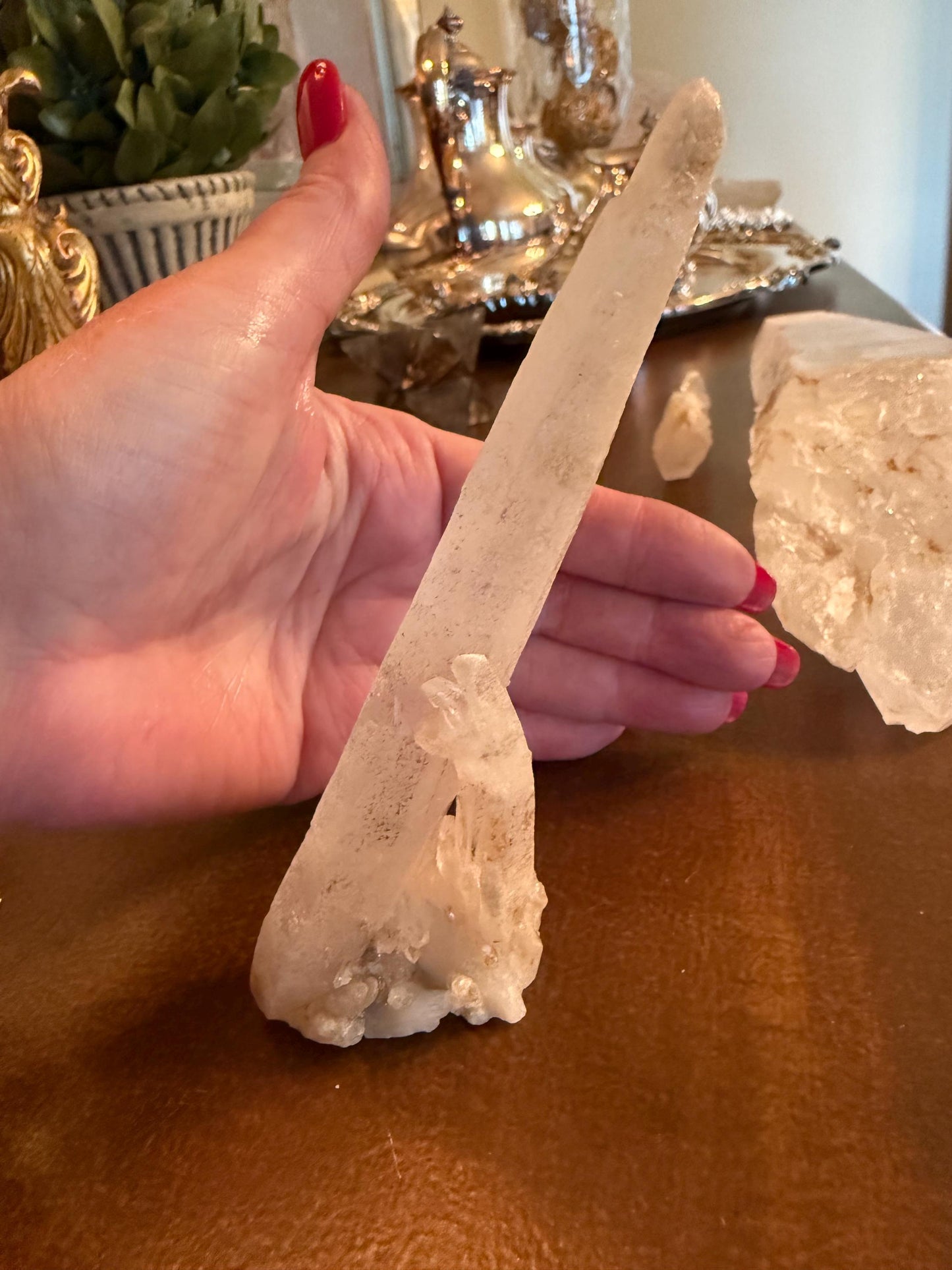 Laser Sugared Lemurian Wand 5”, crown bottom, New, gift, altar, high vibration crystals