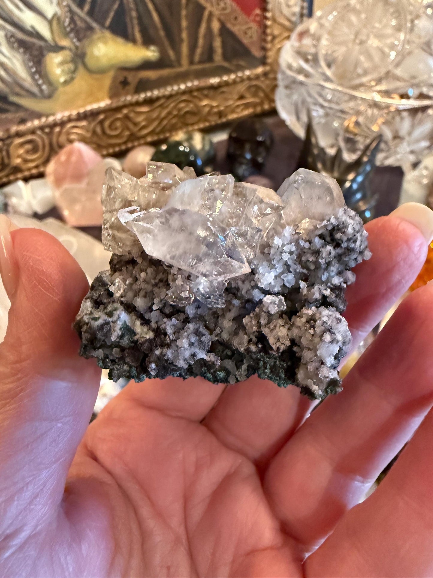 Sparkly Apophyllite Fairy Rosette Bed with points like diamonds, new, high vibration crystals, gifts, altar, 2”