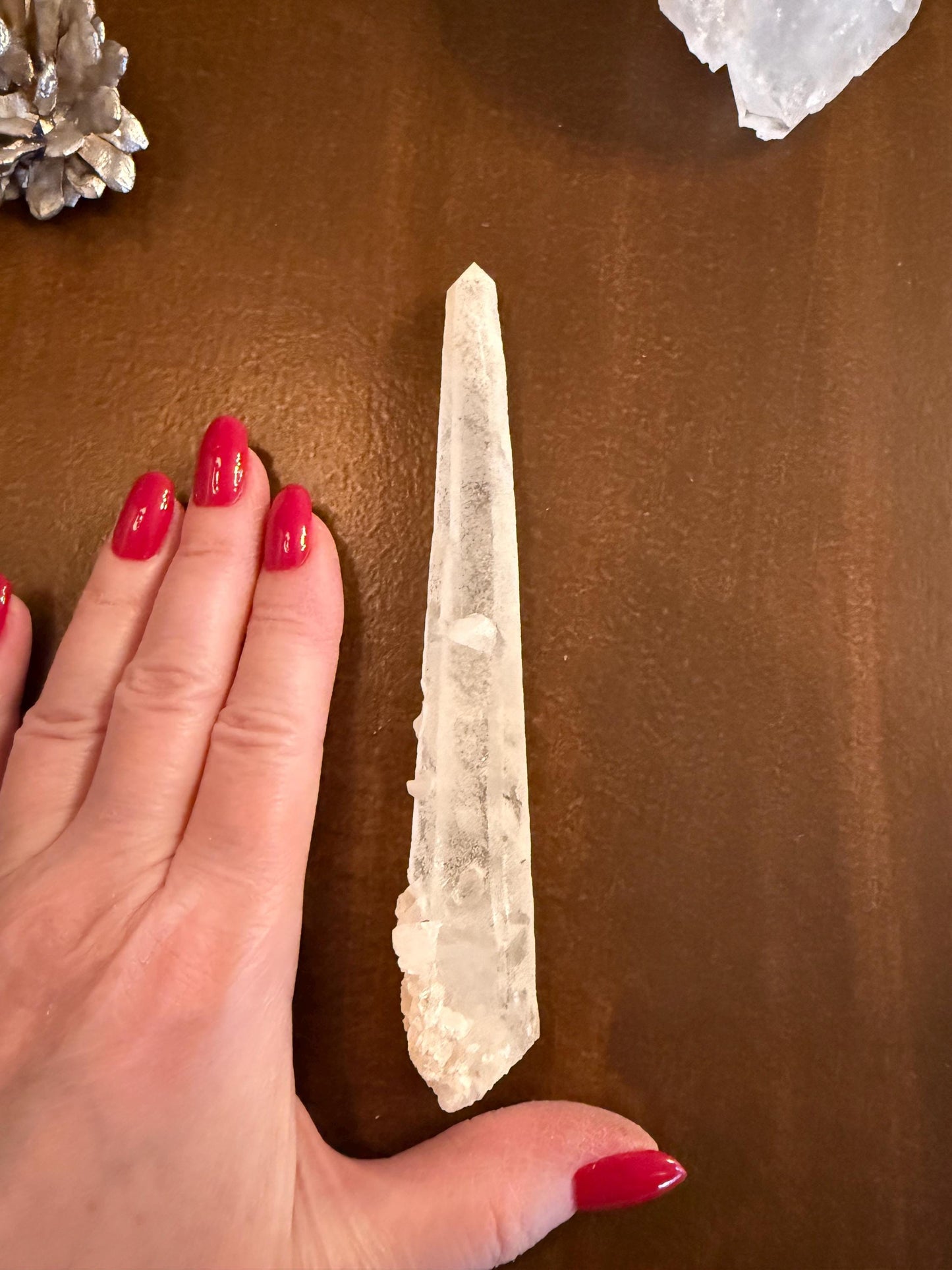 Laser Sugared Lemurian Witch’s Finger Wand, 5.75”, crown bottom, gift, high vibration crystals