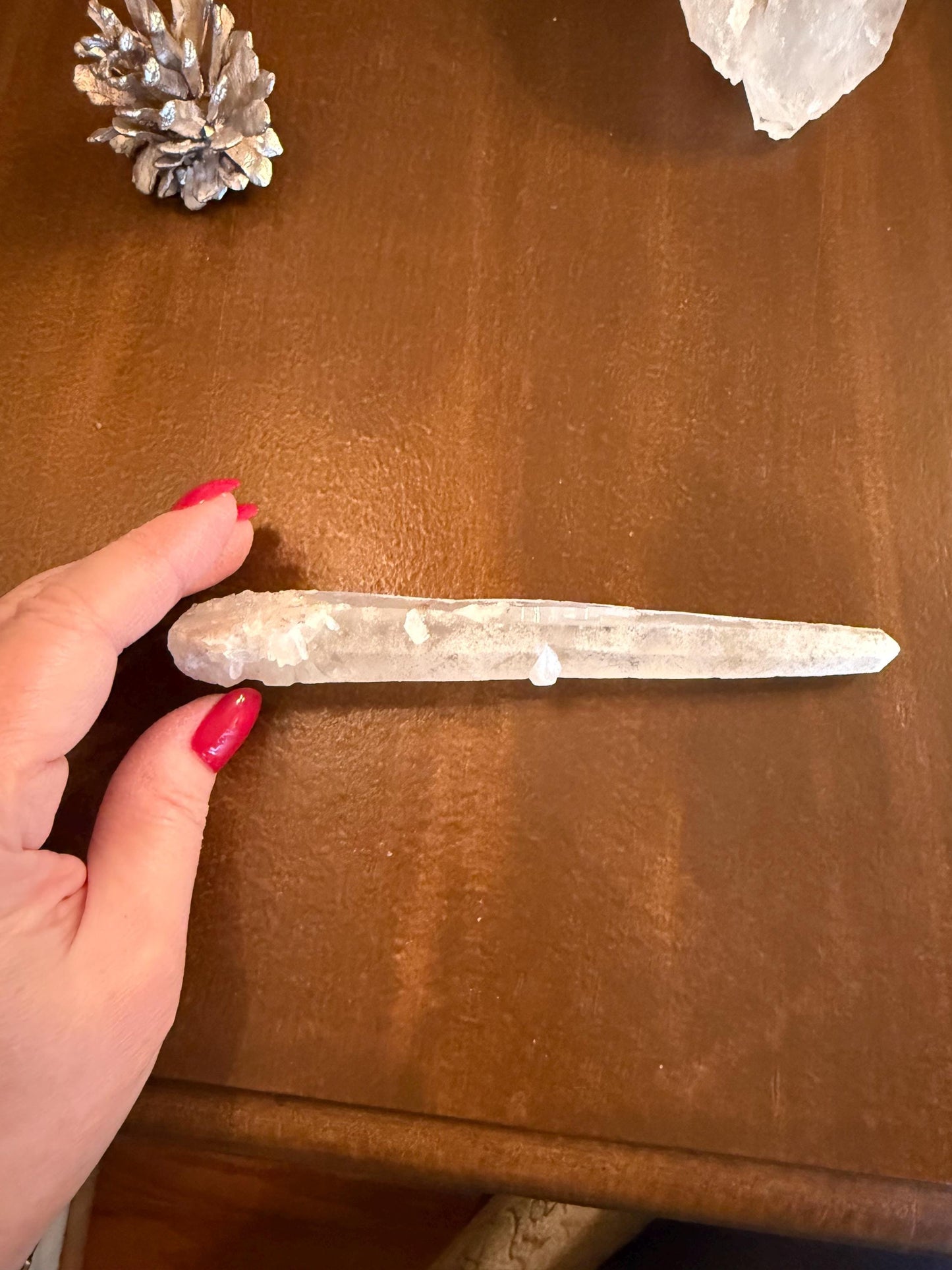 Laser Sugared Lemurian Witch’s Finger Wand, 5.75”, crown bottom, gift, high vibration crystals