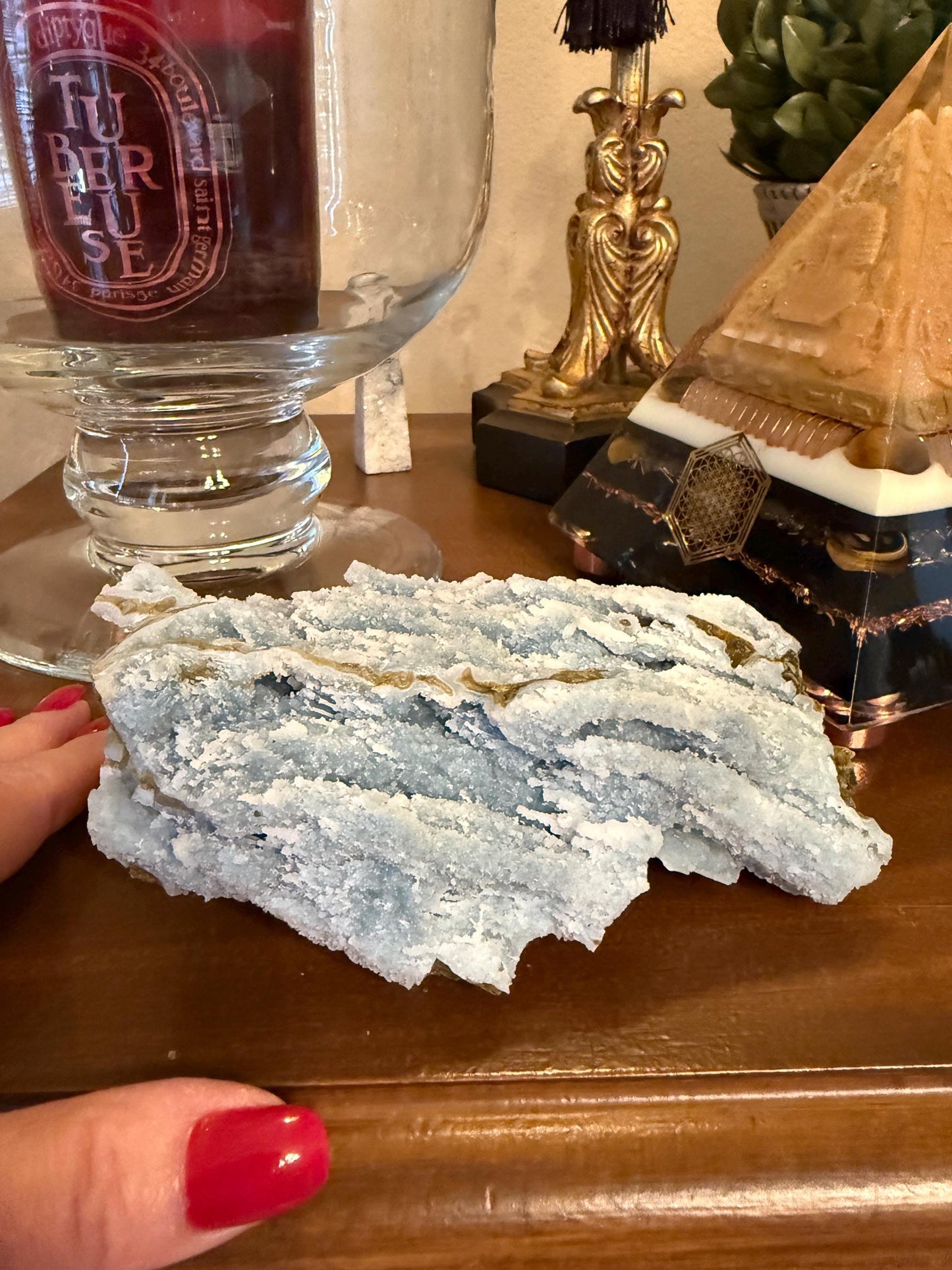 Blue Chalcedony Apophyllite with sparkle, celadonite, new, 5.5”, high vibration crystals, gifts, altar