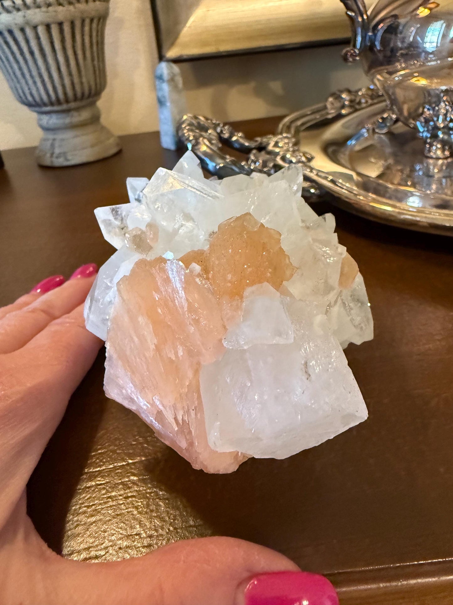 Extra Large Apophyllite Fairy Bed with points like diamonds, peach stilbite, new, high vibration crystals, gift, altar, 6.25”