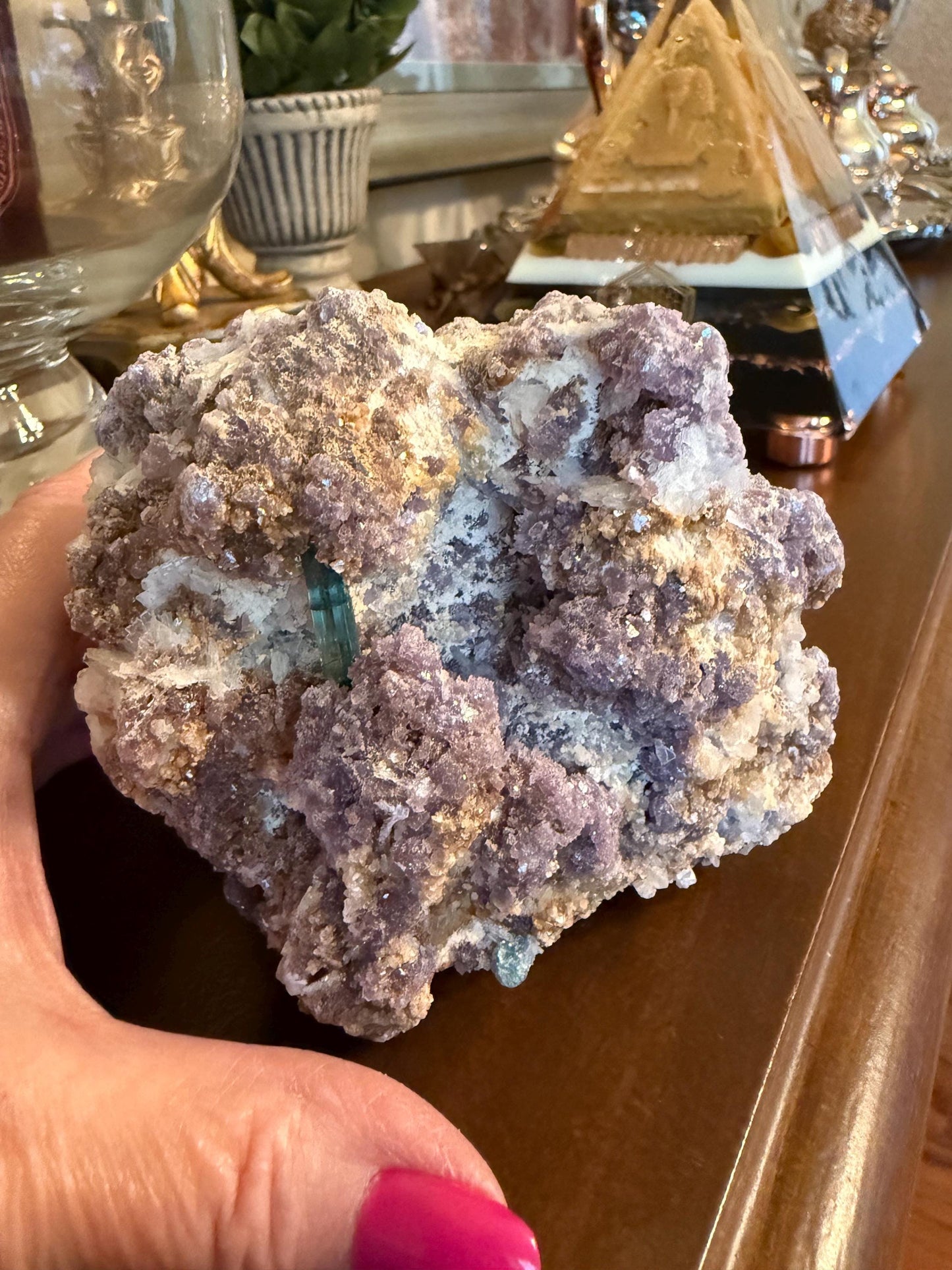 Large Green Tourmaline in Quartz with gorgeous rod crust, stunning raw altar piece 1.9.4 lbs, high vibration crystals, 4.5”