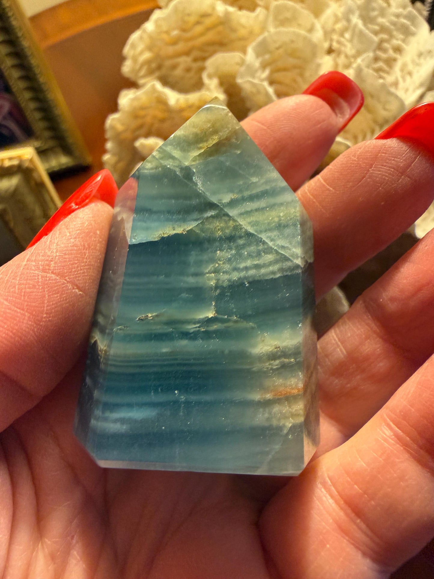 Splendid AAA Lemurian Aquatine Tower, palm stone, blue onyx, high vibration crystals, gifts, 2”