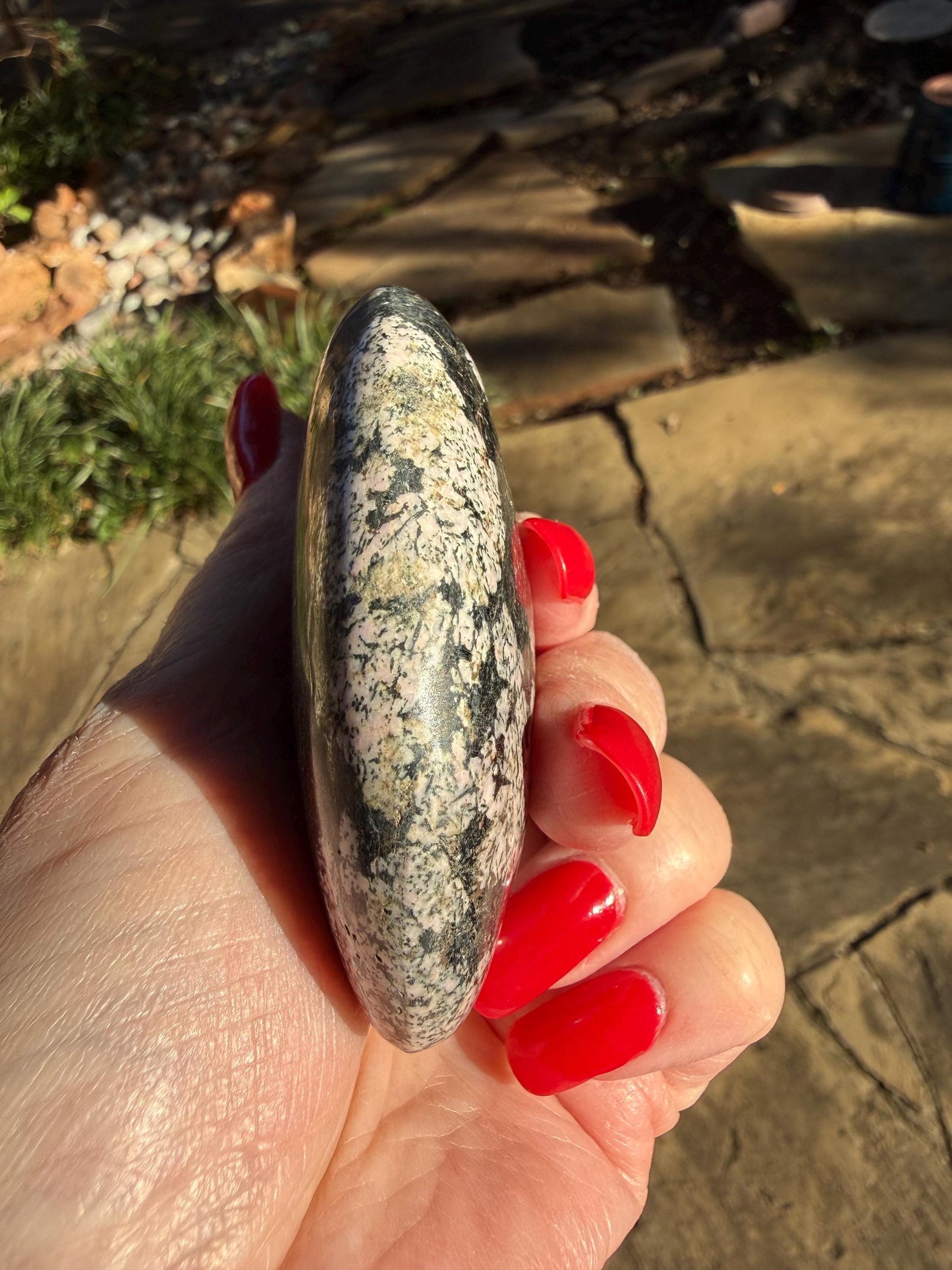 Extra-Large Snowflake Obsidian Palm Stone, 3.1”, gift, altar, high frequency crystals