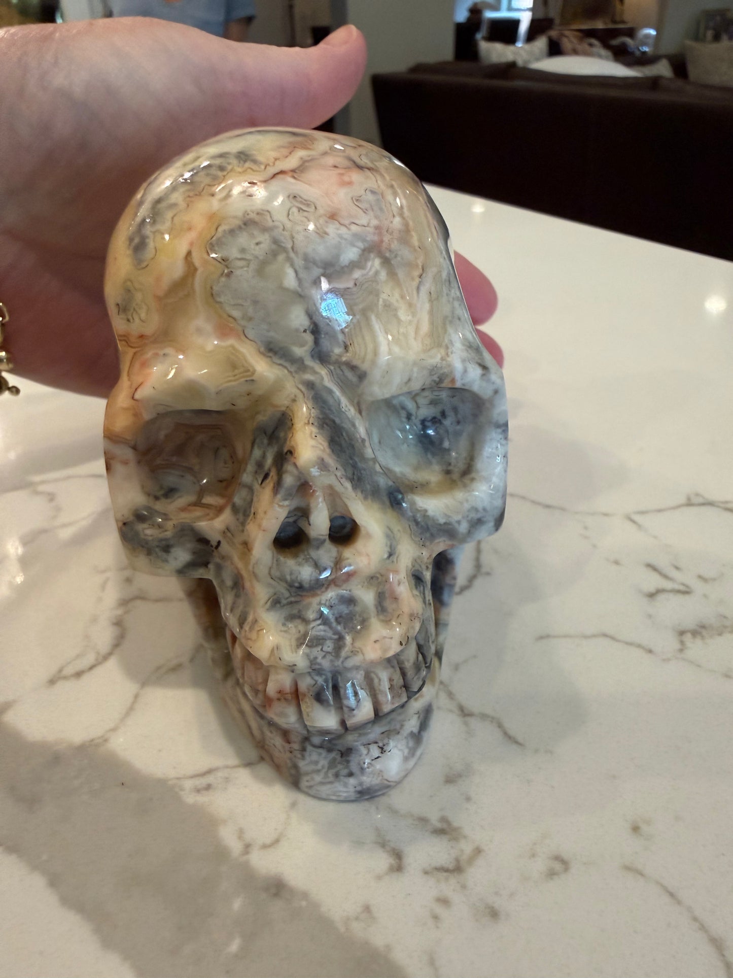 Crazy Lace Agate 4” Skull, rare authentic carving, high vibration