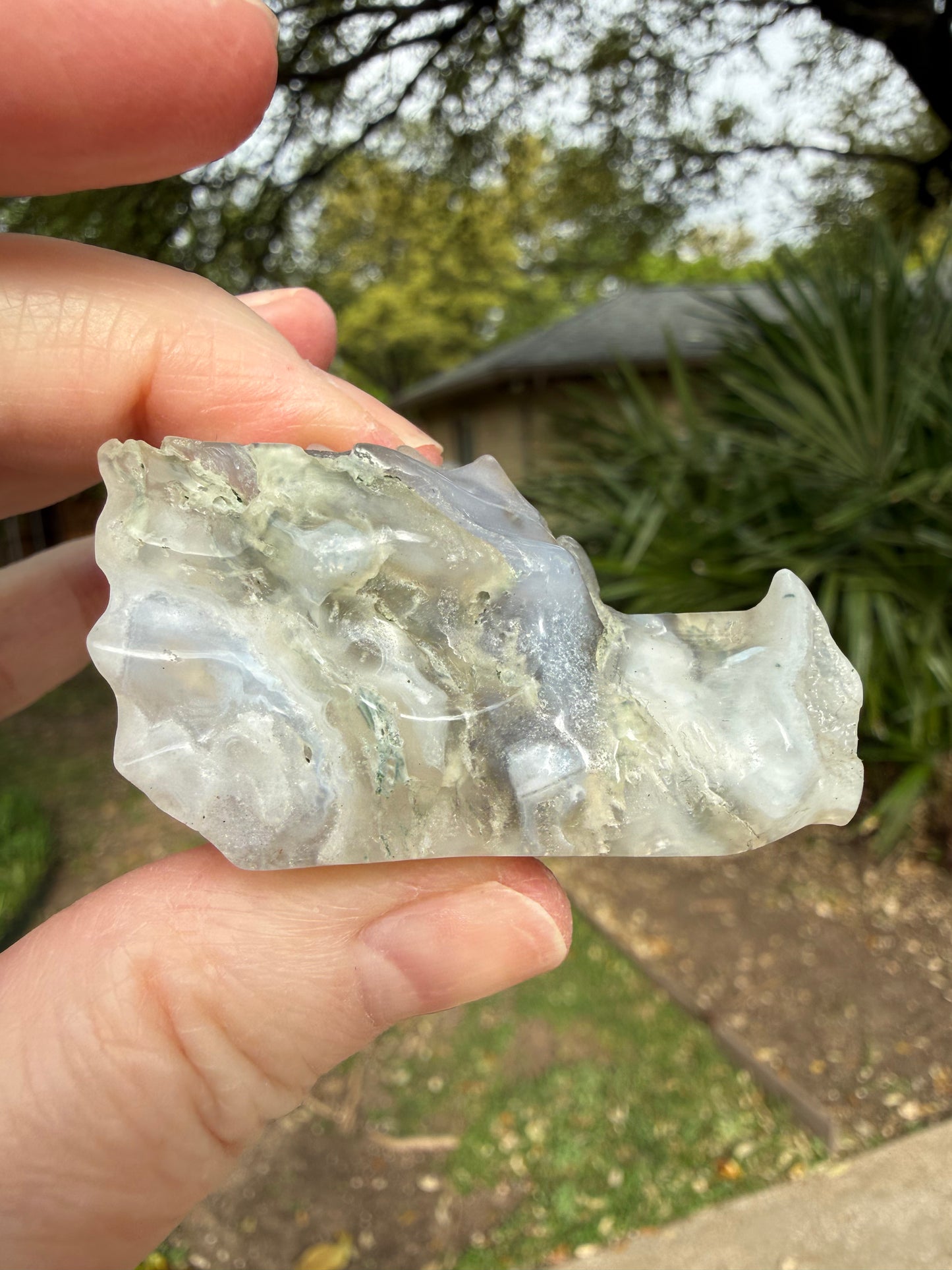 Blue Chalcedony Moss Agate Dragon 2”, New