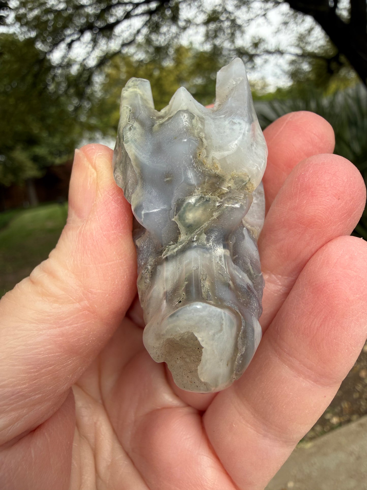 Blue Chalcedony Moss Agate Dragon 2”, New