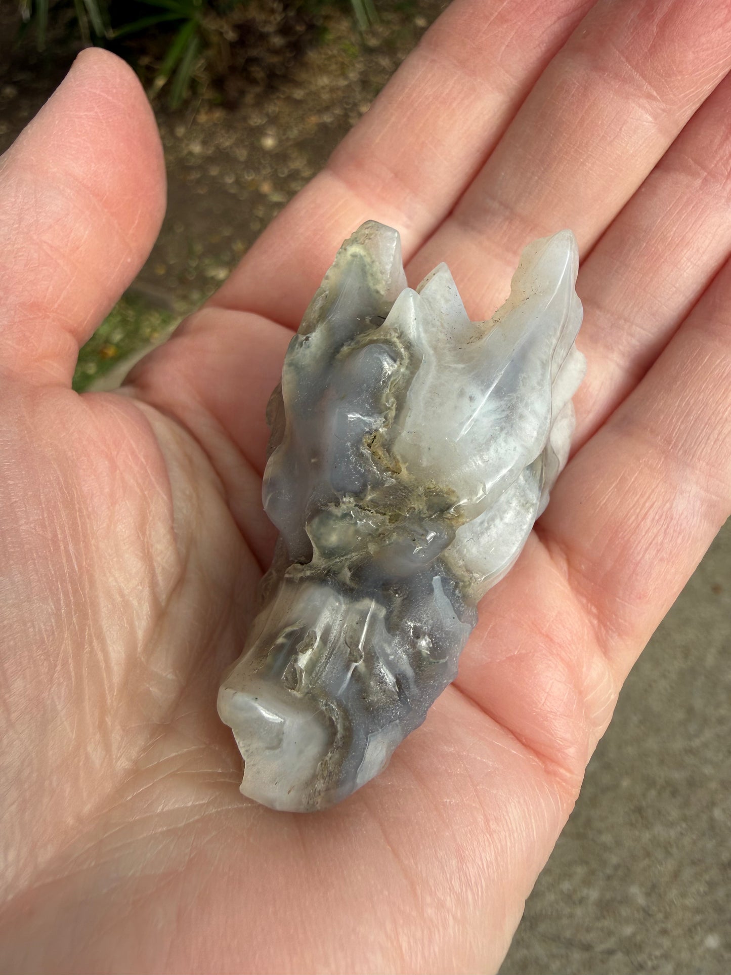 Blue Chalcedony Moss Agate Dragon 2”, New