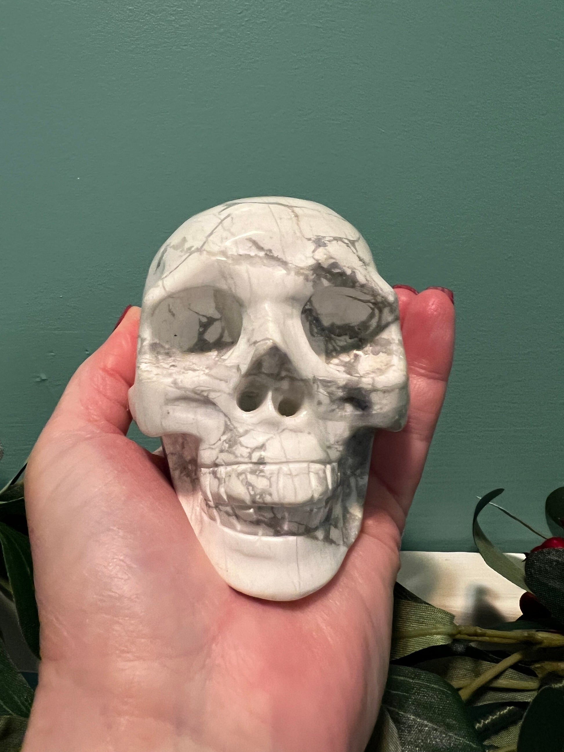 Large Howlite Skull, polished, high vibration crystals, altar, gifts, 3.75”, crystal healing