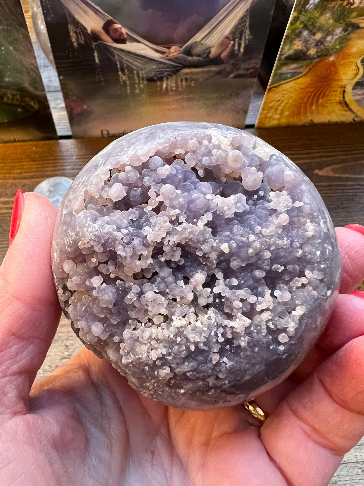 Druzy Grape Agate Sphere, 11.2 ounces, new, gifts, altar, high vibration crystals, crystal healing sessions, 8.25”