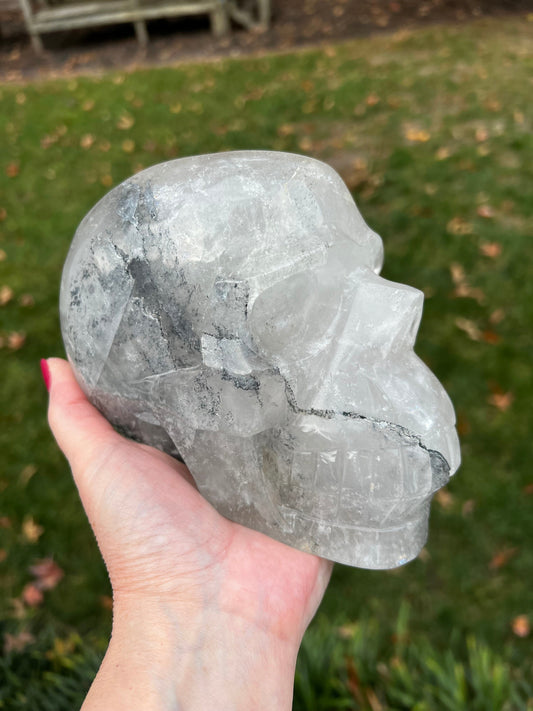 Quartz and Black Tourmaline Veined 6” Skull, 5.14.4 pounds, gift, high vibration crystal healing, altar