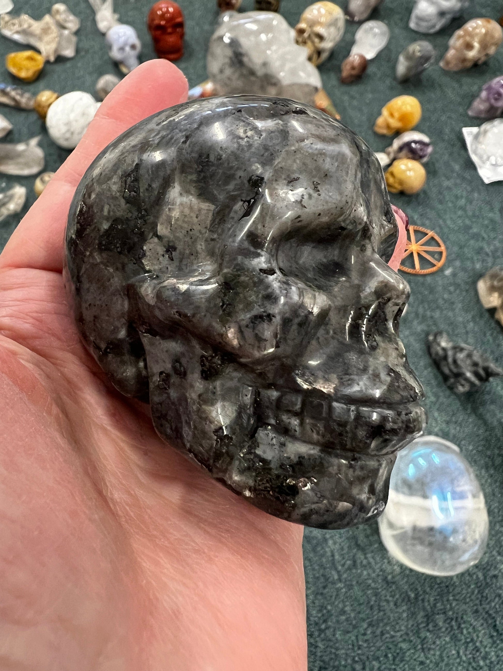 Larvakite Skull 3” w/ labradorescence, New, Large, Gift, High Frequency Crystals, Crystal Healing