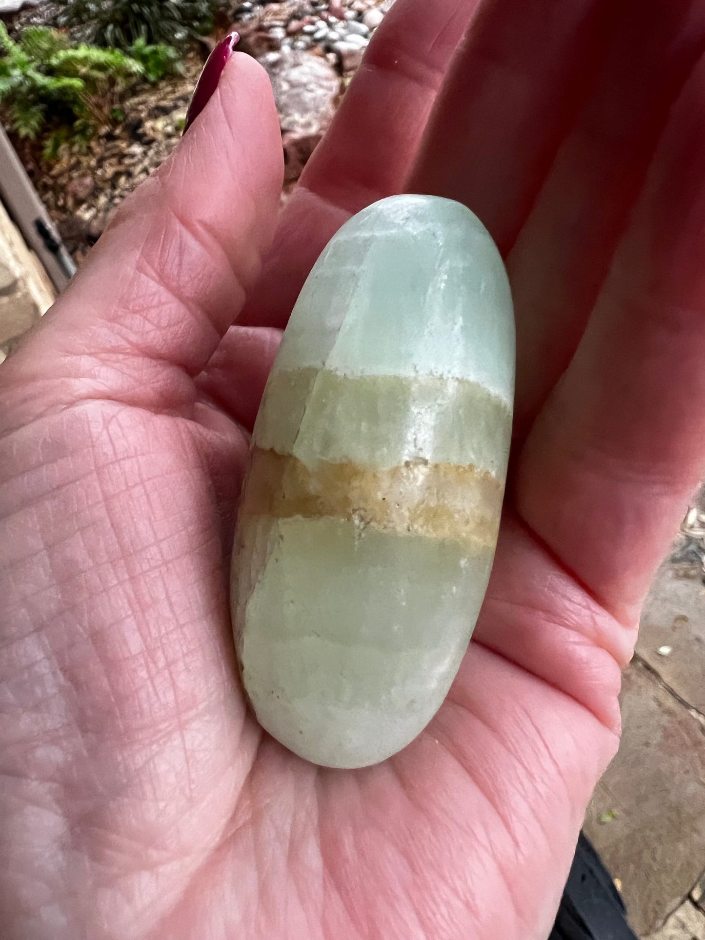 Pistachio Calcite Palm Stone, 2.25”, new in shop, gifts, altar, tarot, crystals healing, high vibration crystals