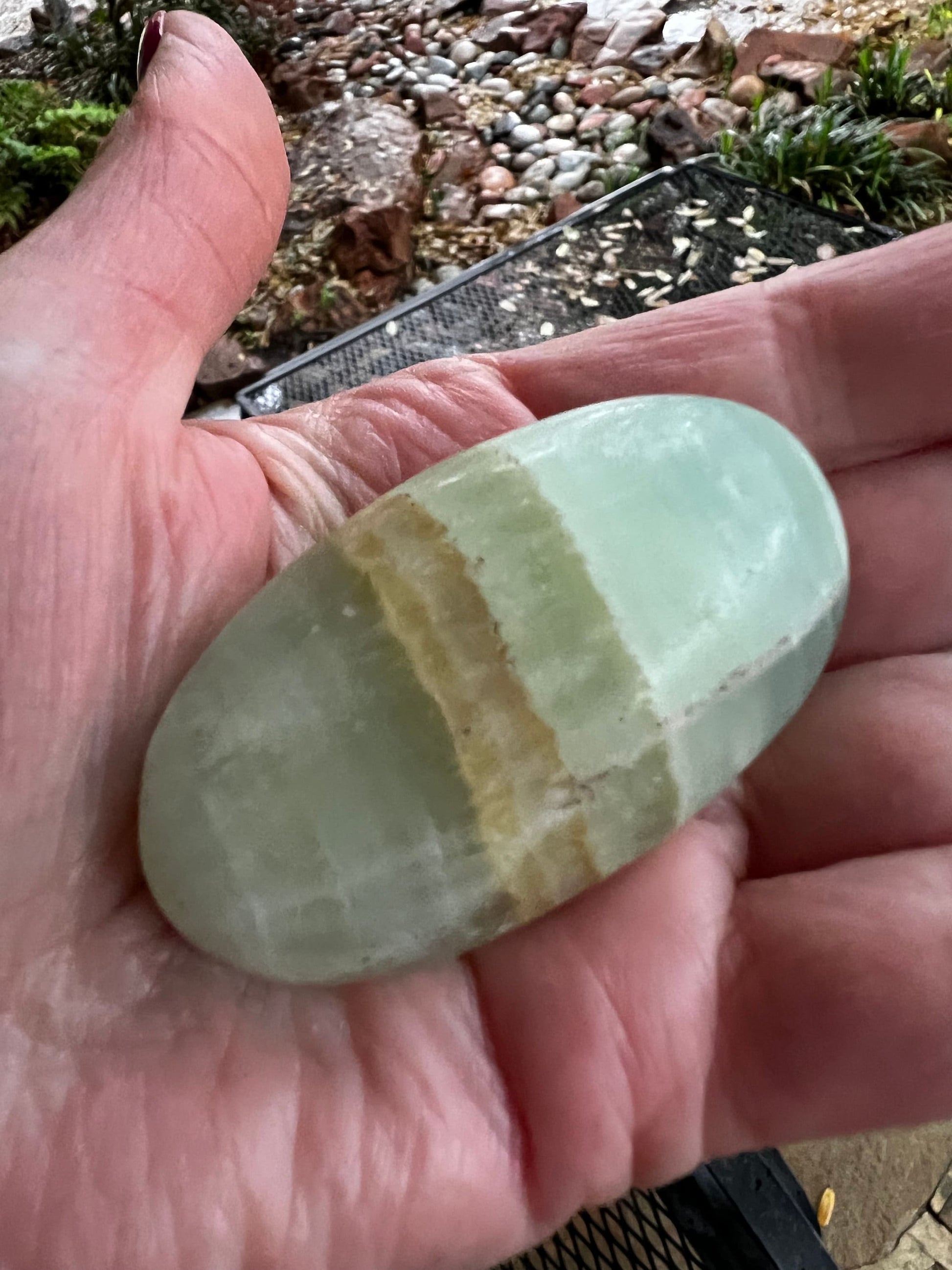 Pistachio Calcite Palm Stone, 2.25”, new in shop, gifts, altar, tarot, crystals healing, high vibration crystals