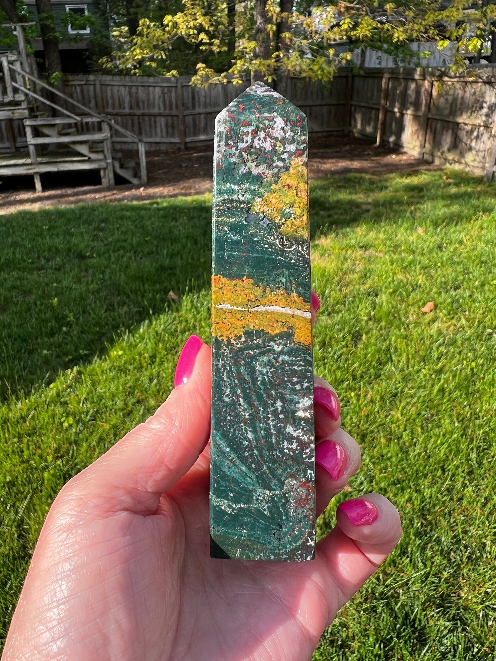 Ocean Jasper Tower, New, beautifully carved for altars, gifts, crystal healing, high vibration crystals 5”